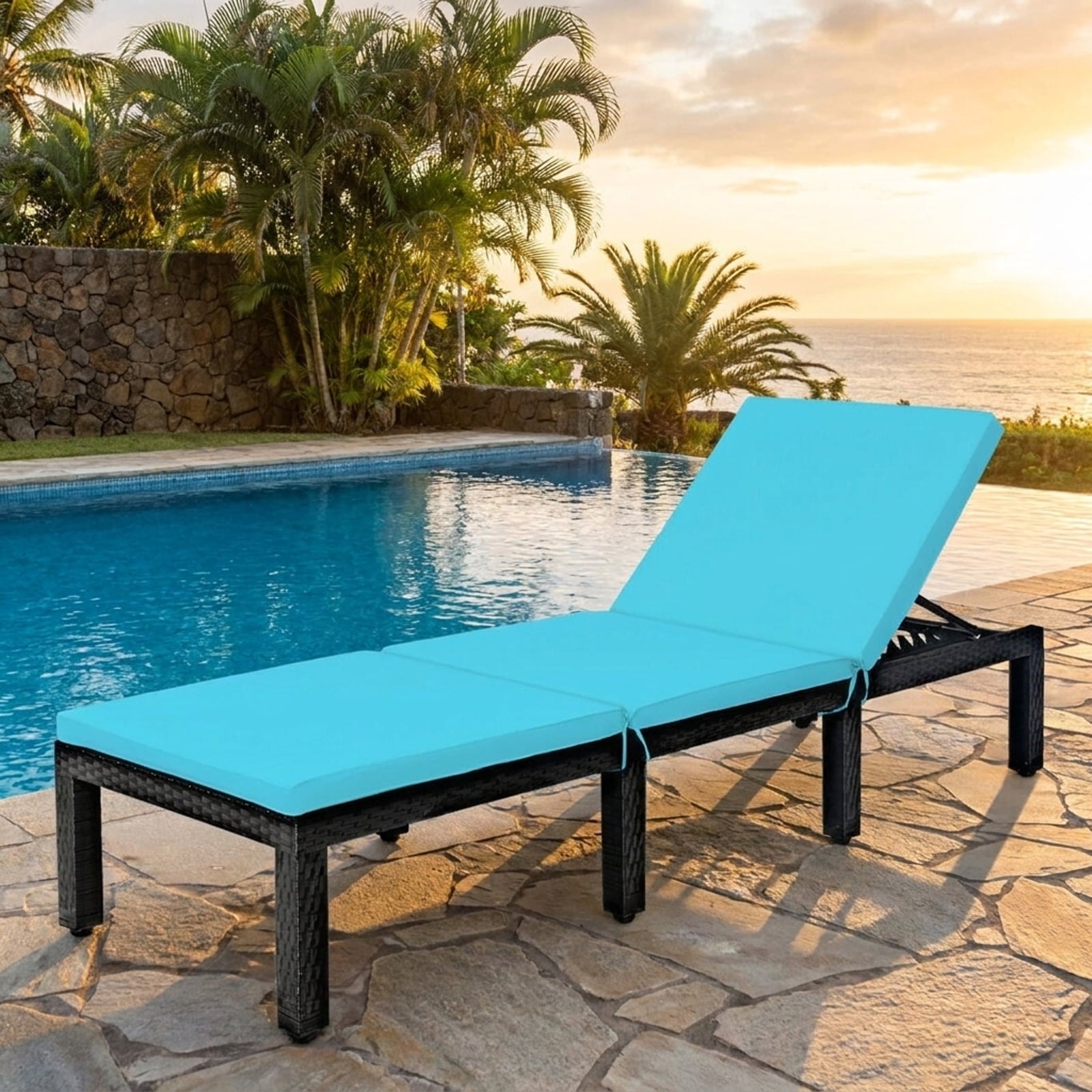 Biotree Patio Rattan Cushioned Height Adjustable Lounge Chair Stackable Patio Chair for Garden BackyardBlue