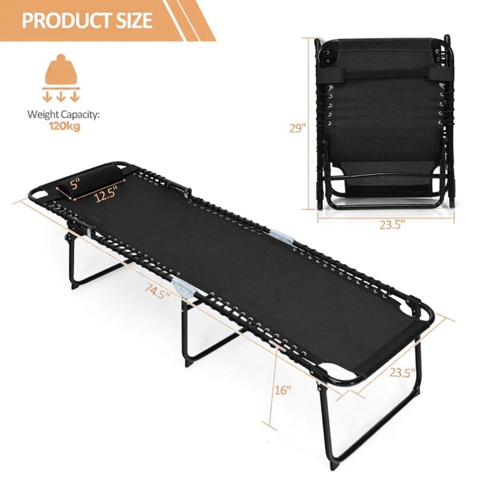 Biotree Foldable Recline Lounge Chair with Adjustable Backrest and Footrest Stackable Patio Chair for Garden BackyardBlack