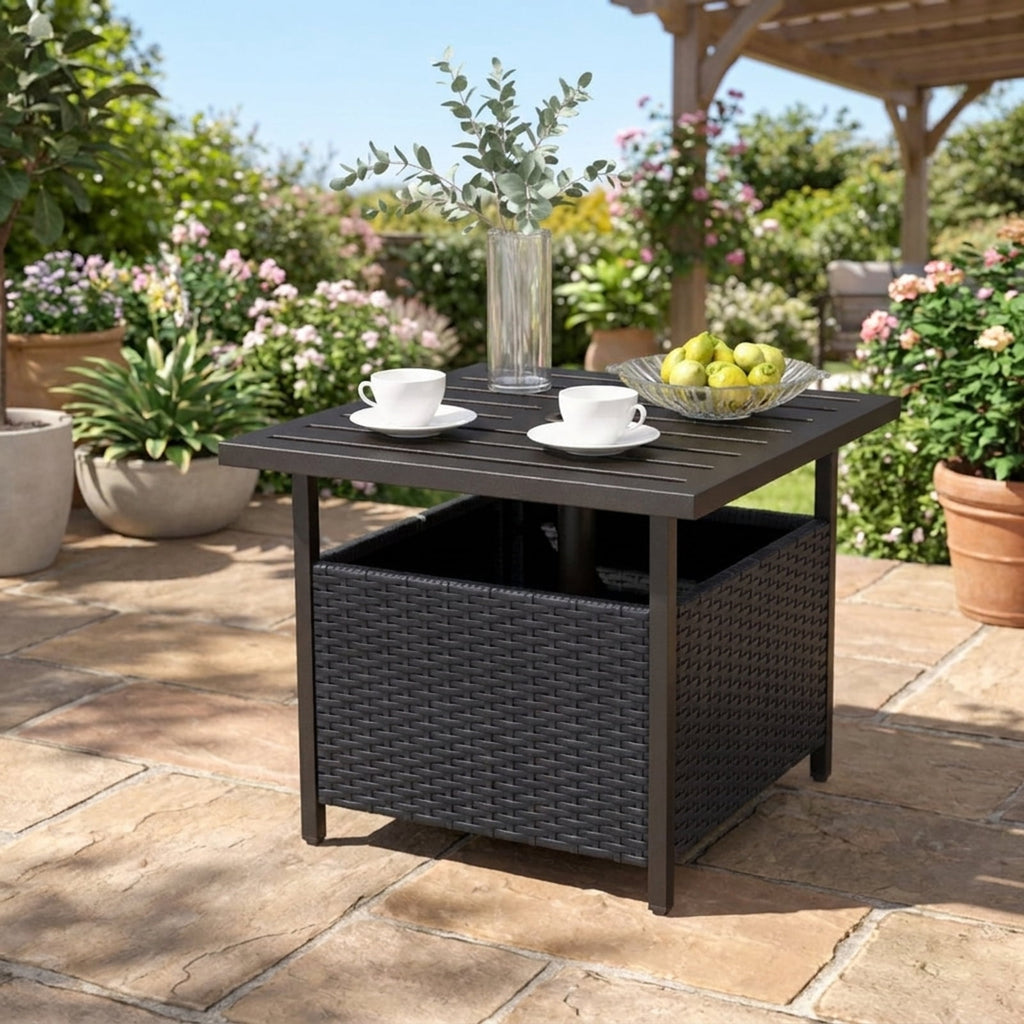 Biotree Outdoor Patio Rattan Wicker Steel Side Deck Table, Dark Brown
