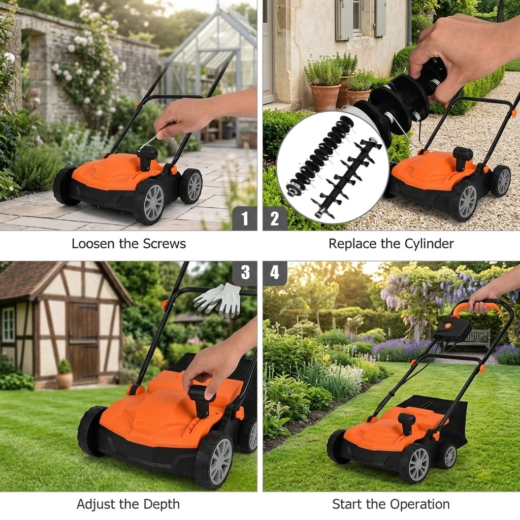 Biotree 13" 12 Amp Electric Lawn Scarifier Dethatcher, Corded Lawn Rake with 3-Position Depth Adjustment, Removable Blades and 40L Collection Bag for Grass Renovation and Yard Care Orange
