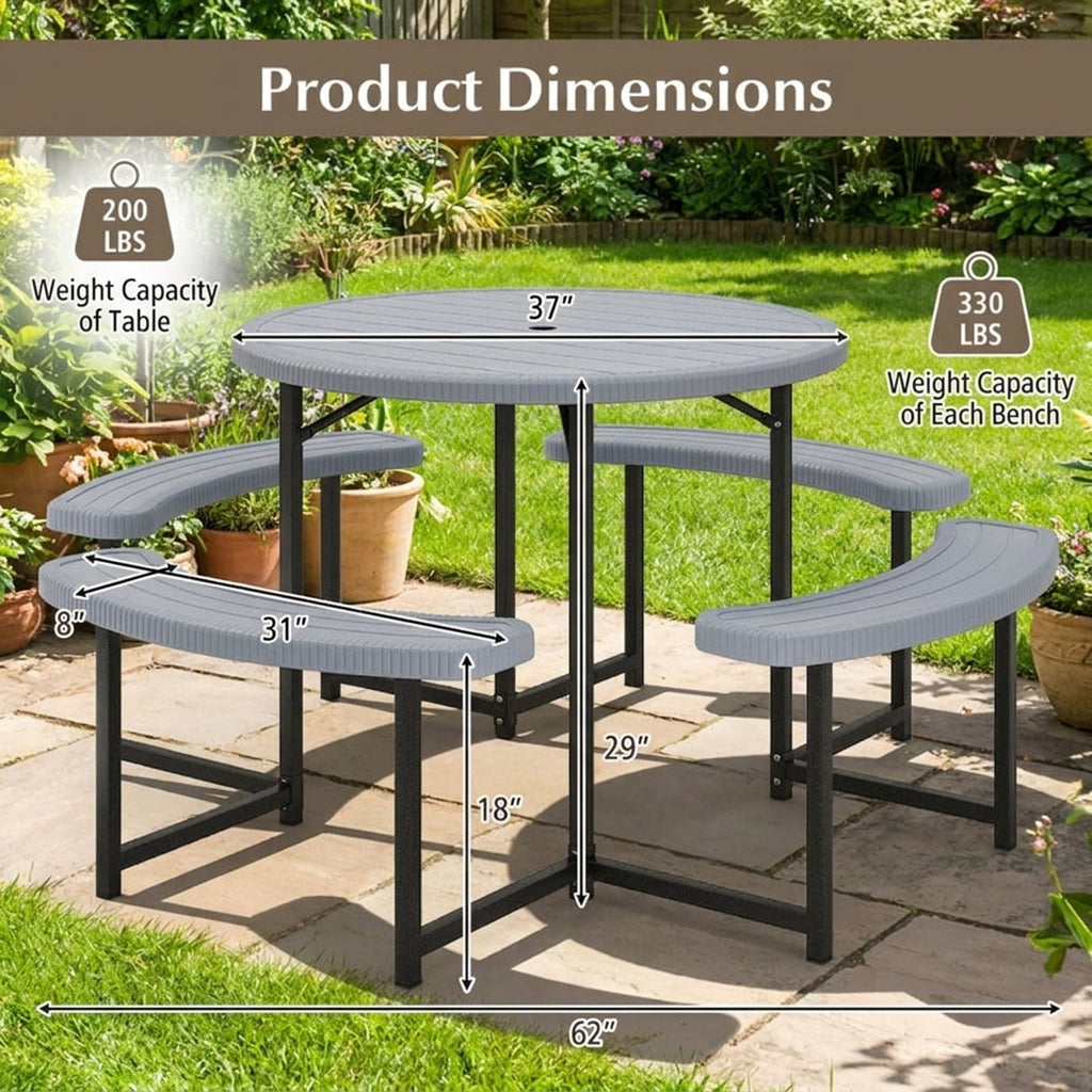 Biotree 62-Inch Round Picnic Table Bench Set with 4 Benches and Umbrella Hole for Patio Lawn, Gray