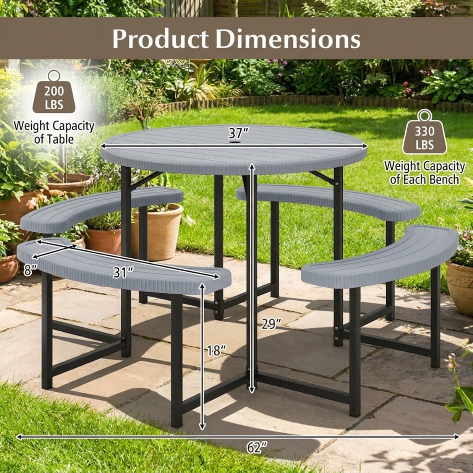 Biotree 62-Inch Round Picnic Table Bench Set with 4 Benches and Umbrella Hole for Patio Lawn, Gray
