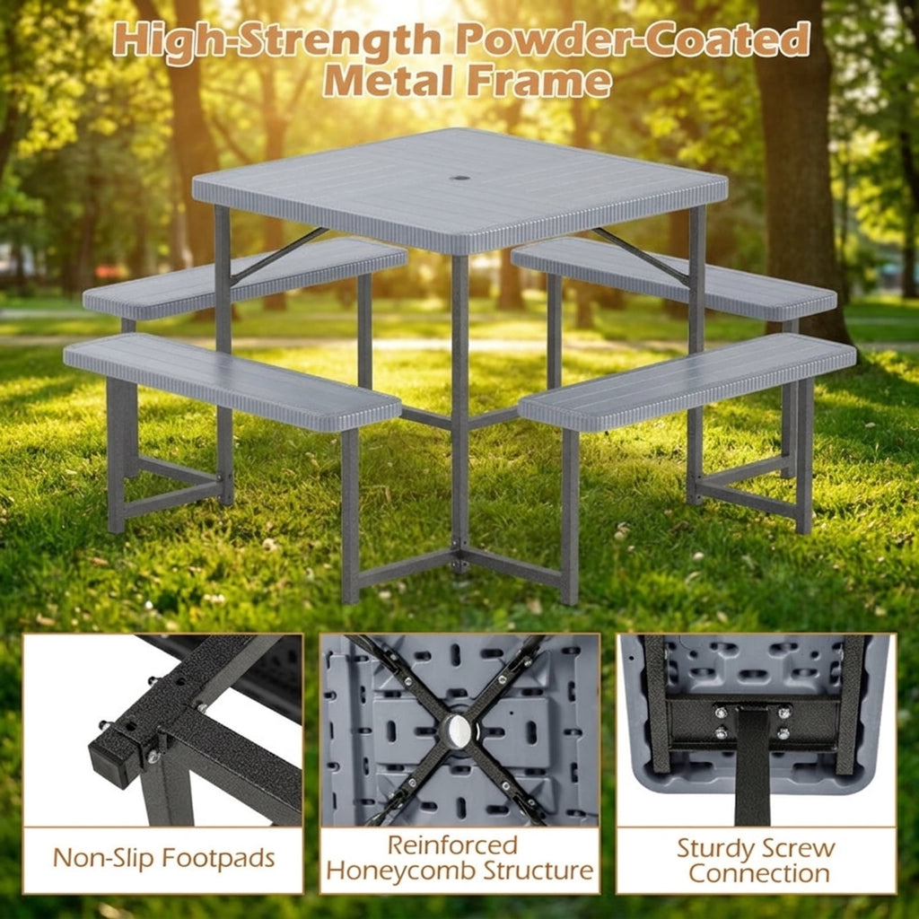 Biotree 63-Inch Outdoor Square Picnic Table Bench Set for 4-8 People with Umbrella Hole, Gray