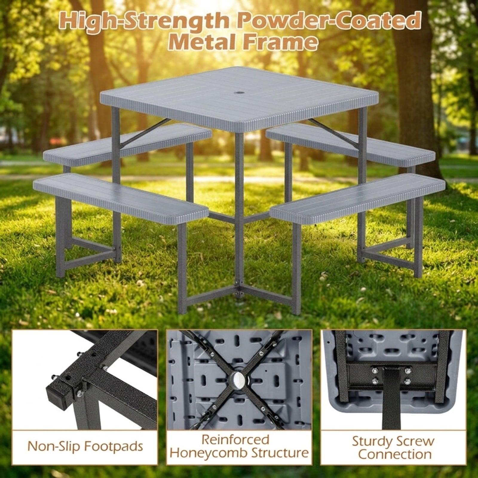 Biotree 63-Inch Outdoor Square Picnic Table Bench Set for 4-8 People with Umbrella Hole, Gray