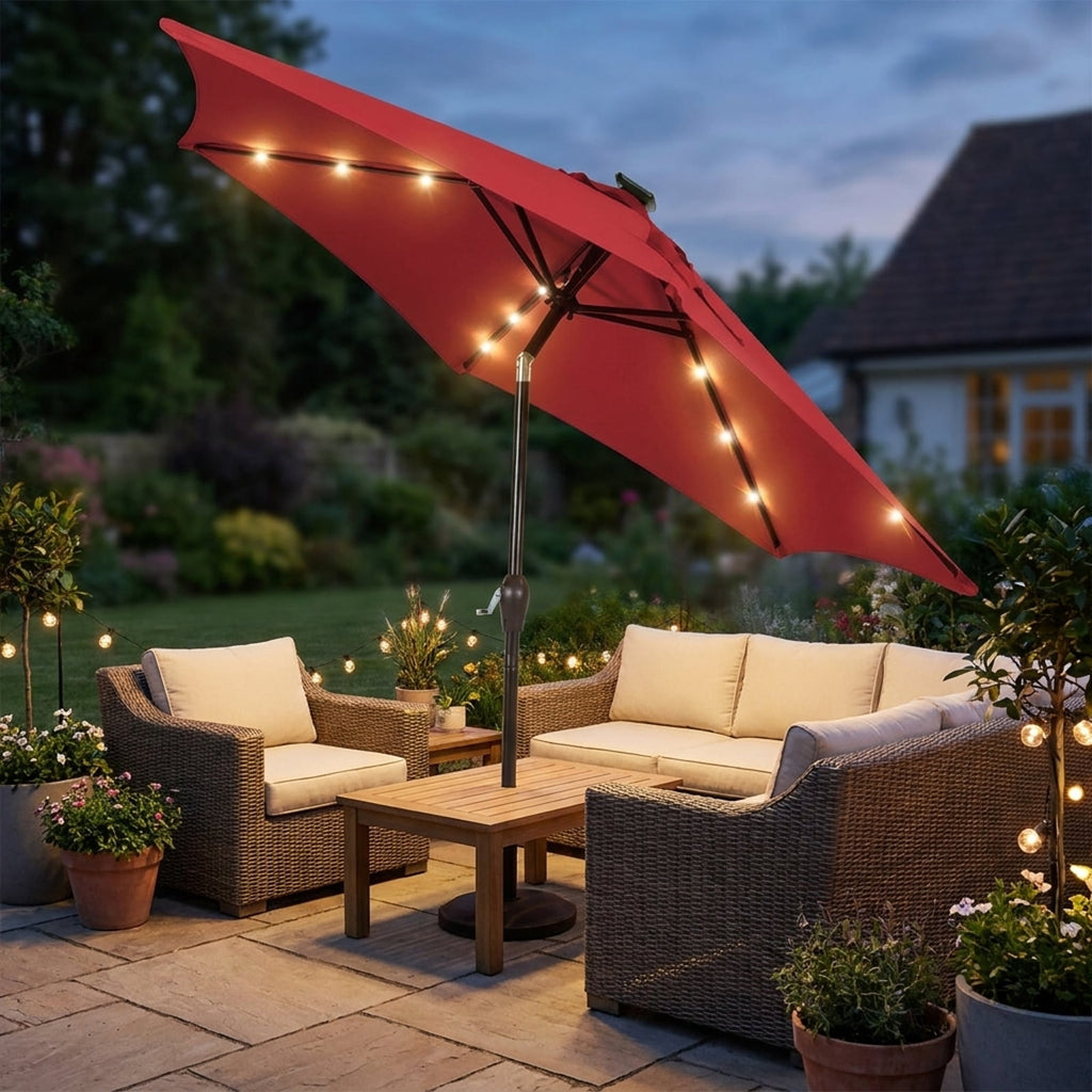 Biotree 9 ft Solar LED Market Patio Umbrella with Crank and Tilt, 6 Sturdy Ribs, Vented Canopy - Walnut