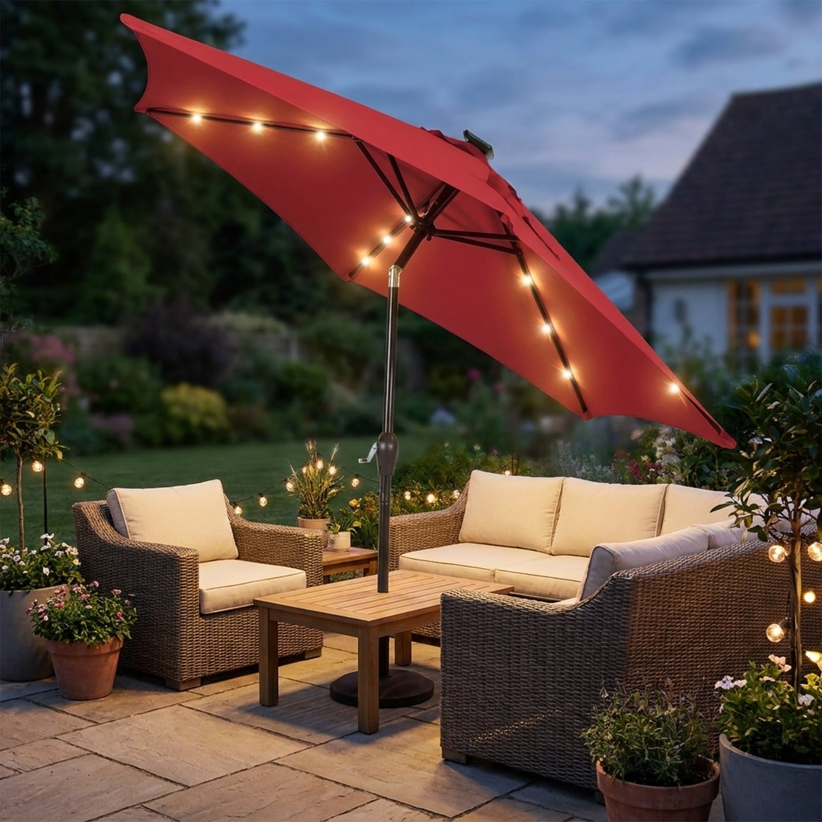 Biotree 9 ft Solar LED Market Patio Umbrella with Crank and Tilt, 6 Sturdy Ribs, Vented Canopy - Walnut