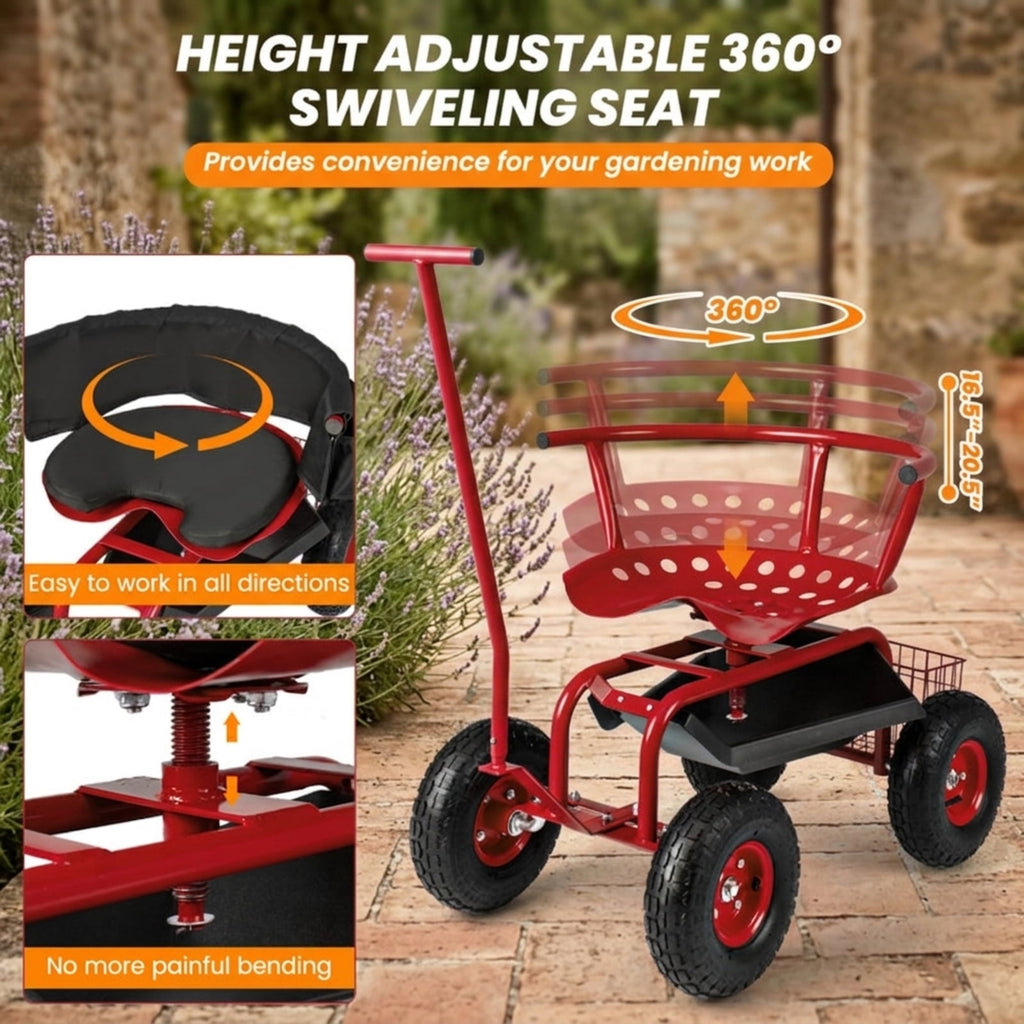Biotree 330lbs Rolling Garden Cart with Height Adjustable 360¡ãSwivel Seat, Garden Scooter with Storage Basket, Sit Down Garden Cart with Tool Tray for Weeding Planting Gardening Red
