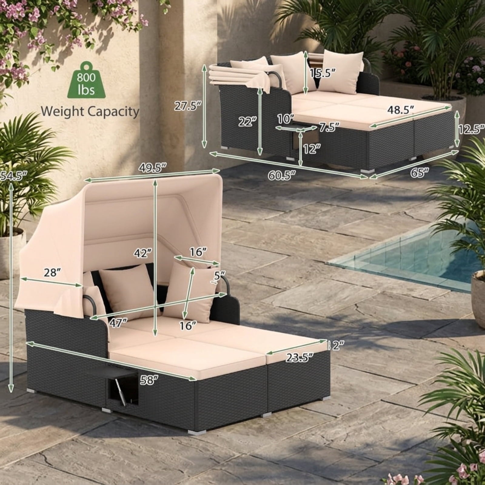 Biotree Patio Rattan Daybed with Retractable Canopy and Side Tables Outdoor Conversation Set for Garden Backyard PorchBeige