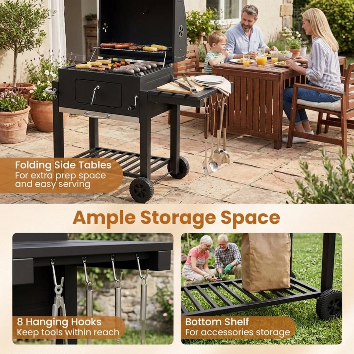 Biotree 780 SQIN Large Charcoal Grill, Outdoor BBQ Grill with Adjustable Charcoal Trays, Protective Cover, Folding Side Tables - Wheels, Portable Charcoal Cooker for Backyard Patio Camping Black