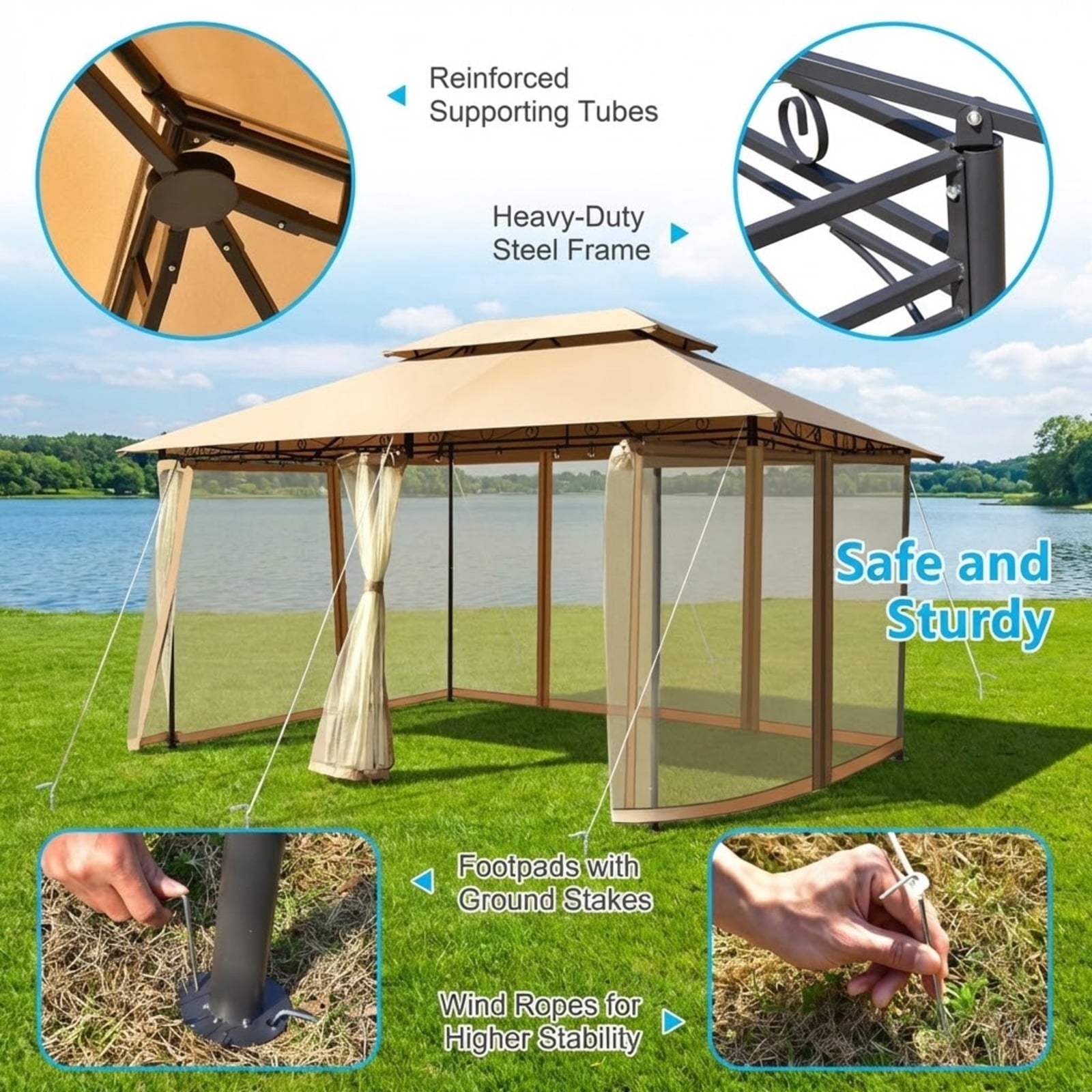 Biotree 10 Feet x 13 Feet Tent Canopy Shelter with Removable Netting Sidewall Brown - Outdoor Patio Backyard Garden Shade Canopy Shelter