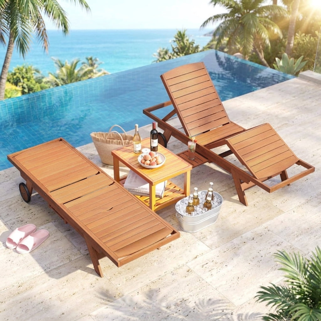 Biotree Outdoor Chaise Lounge Chair with Wheels 4-Position Patio Wood Recliner with Adjustable BackrestNatural
