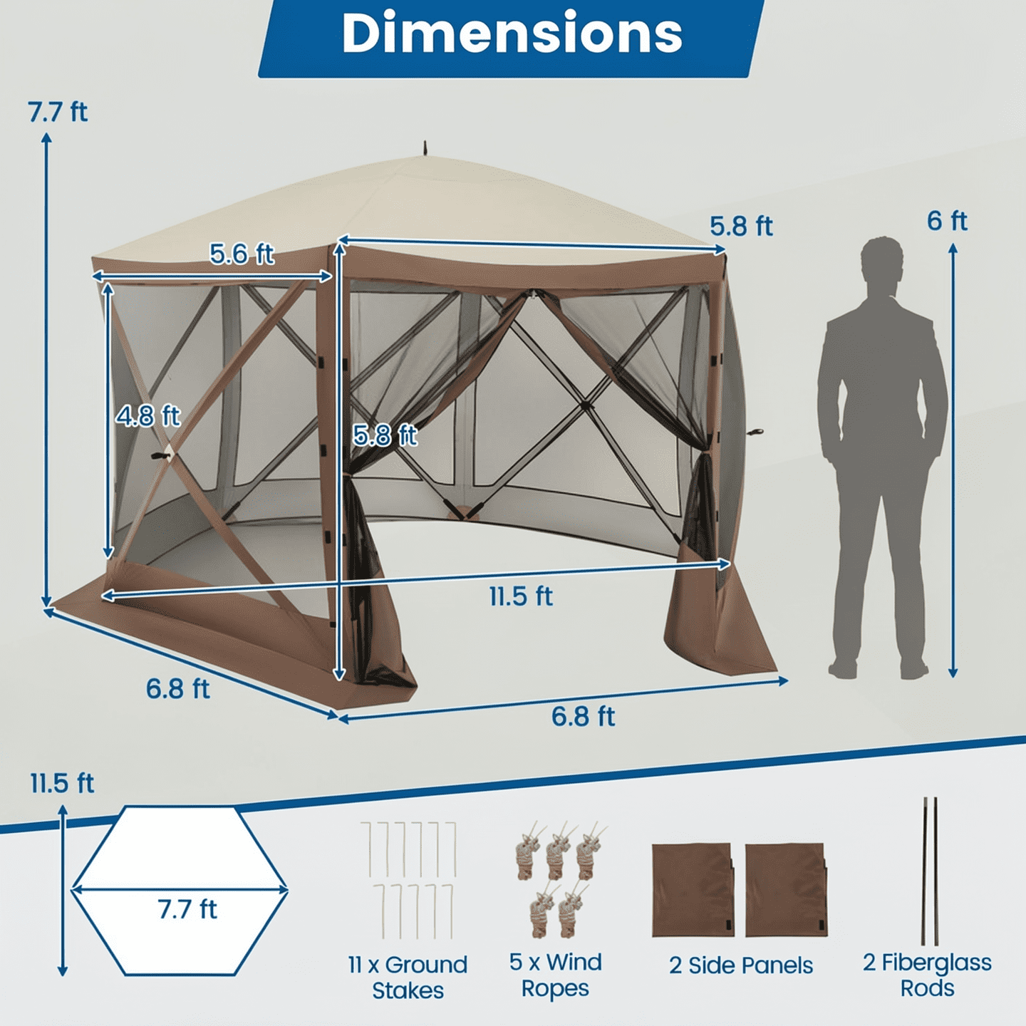 Biotree Pop-up Gazebo 6-sided Instant Setup Screen House Hub Tent with Mesh Netting Walls Brown - Outdoor Patio Backyard Garden Shade Canopy Shelter
