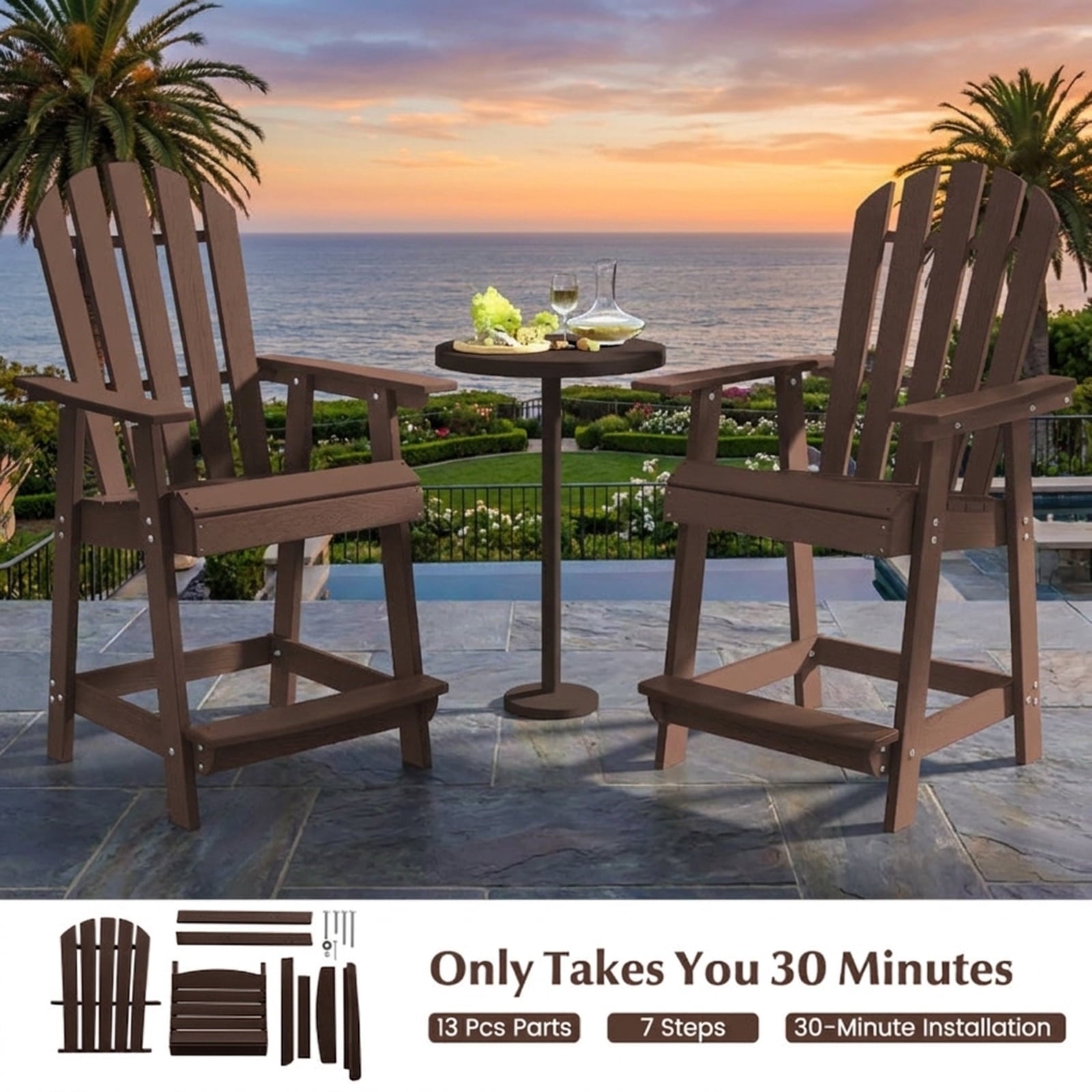 Biotree HDPE Patio Chair with Armrest and Footrest for Indoor Outdoor Stackable Patio Chair for Garden BackyardBrown