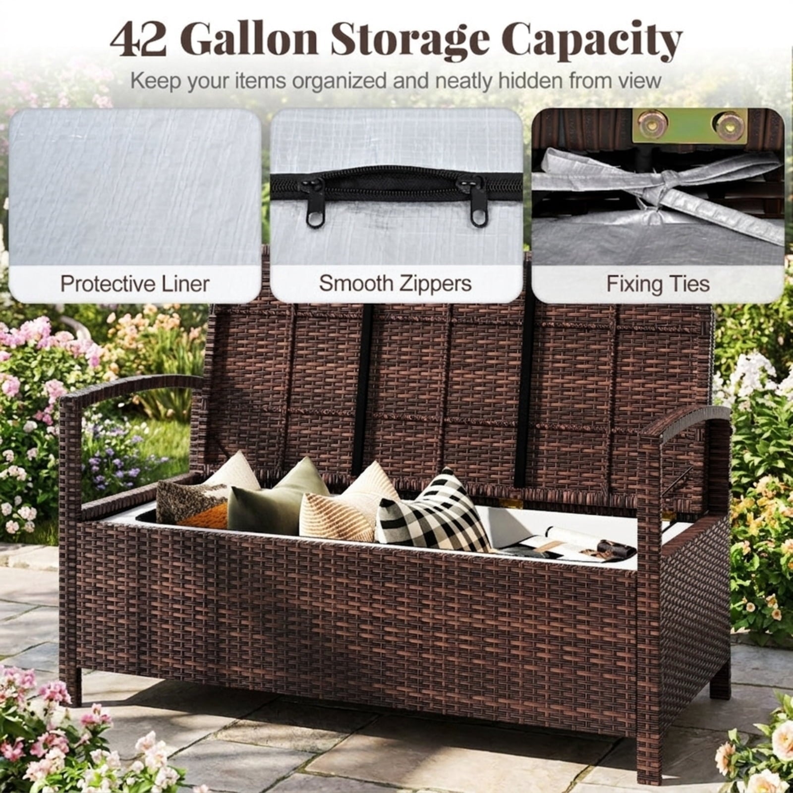 Biotree Outdoor PE Wicker Storage Bench 2 Seater with Cushion and 42 Gallon Deck Box Stackable Patio Chair for Garden BackyardBeige
