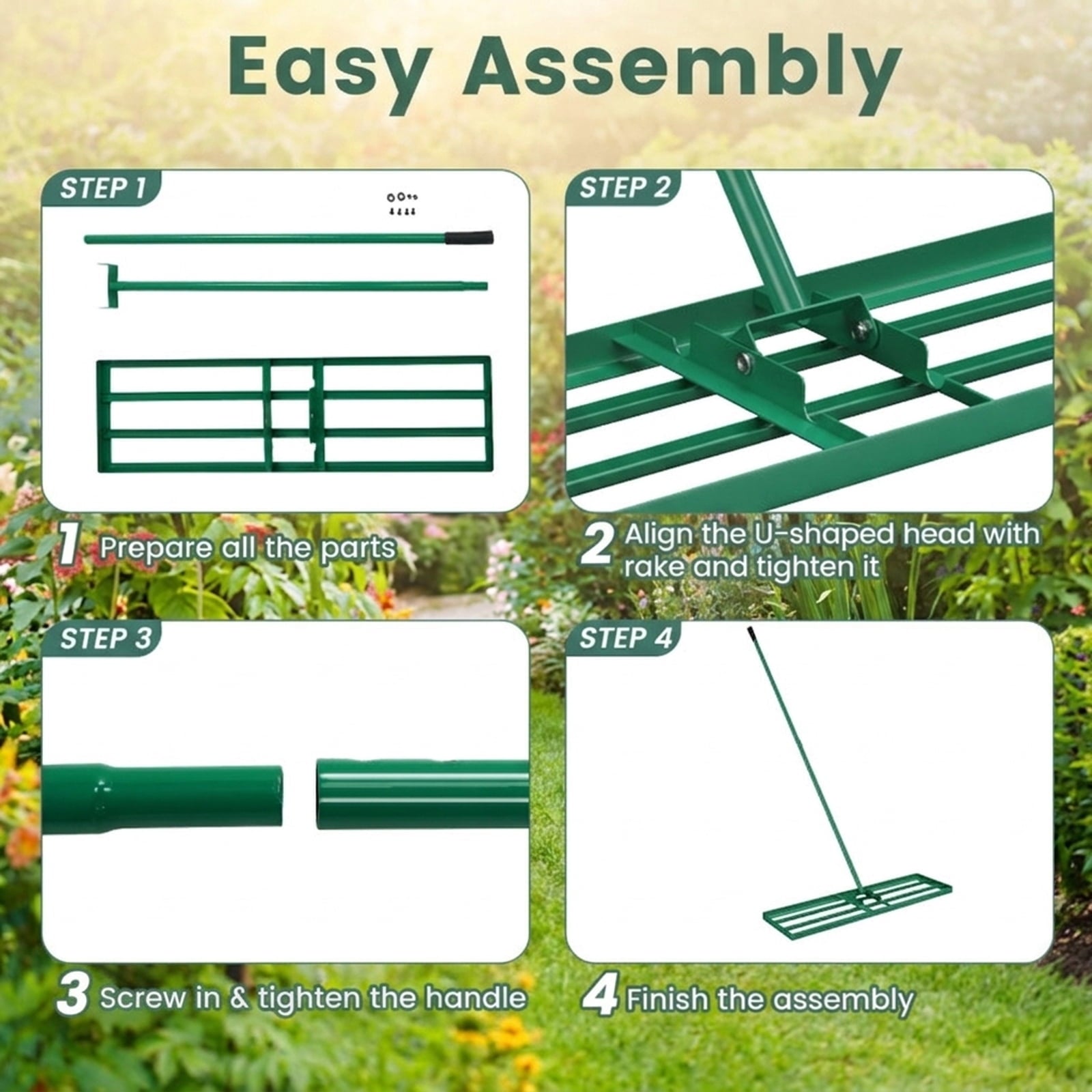 Biotree 36 x 10 Inch Lawn Leveling Rake with Ergonomic Handle for Lawn Garden Yard Soil Care, Green