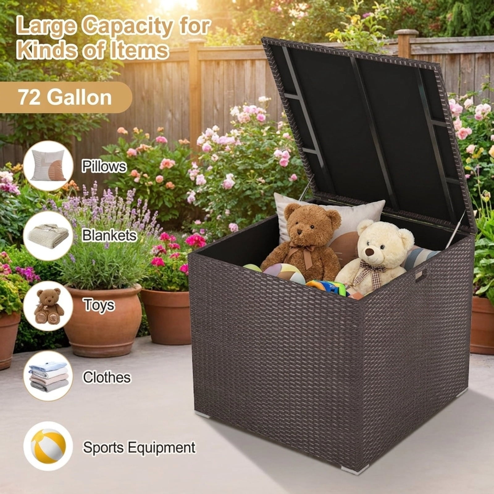 Biotree 72 Gallon Rattan Outdoor Storage Box with Zippered Liner and Solid Pneumatic Rod Outdoor Waterproof for Patio Deck Garden Cushions, Brown