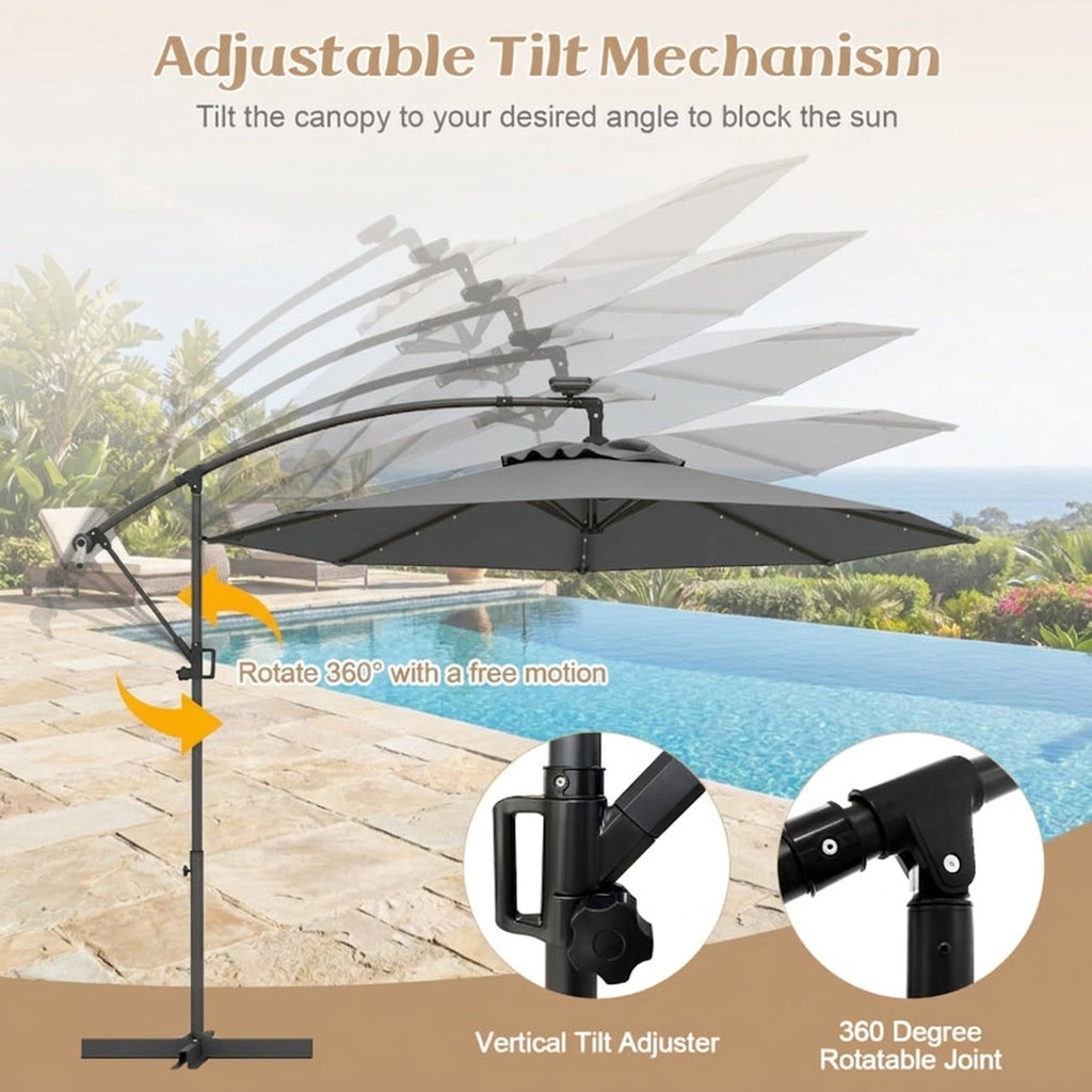 Biotree 10 ft Cantilever Offset Patio Umbrella Solar LED Lights Outdoor Shade - Gray - UV Protection