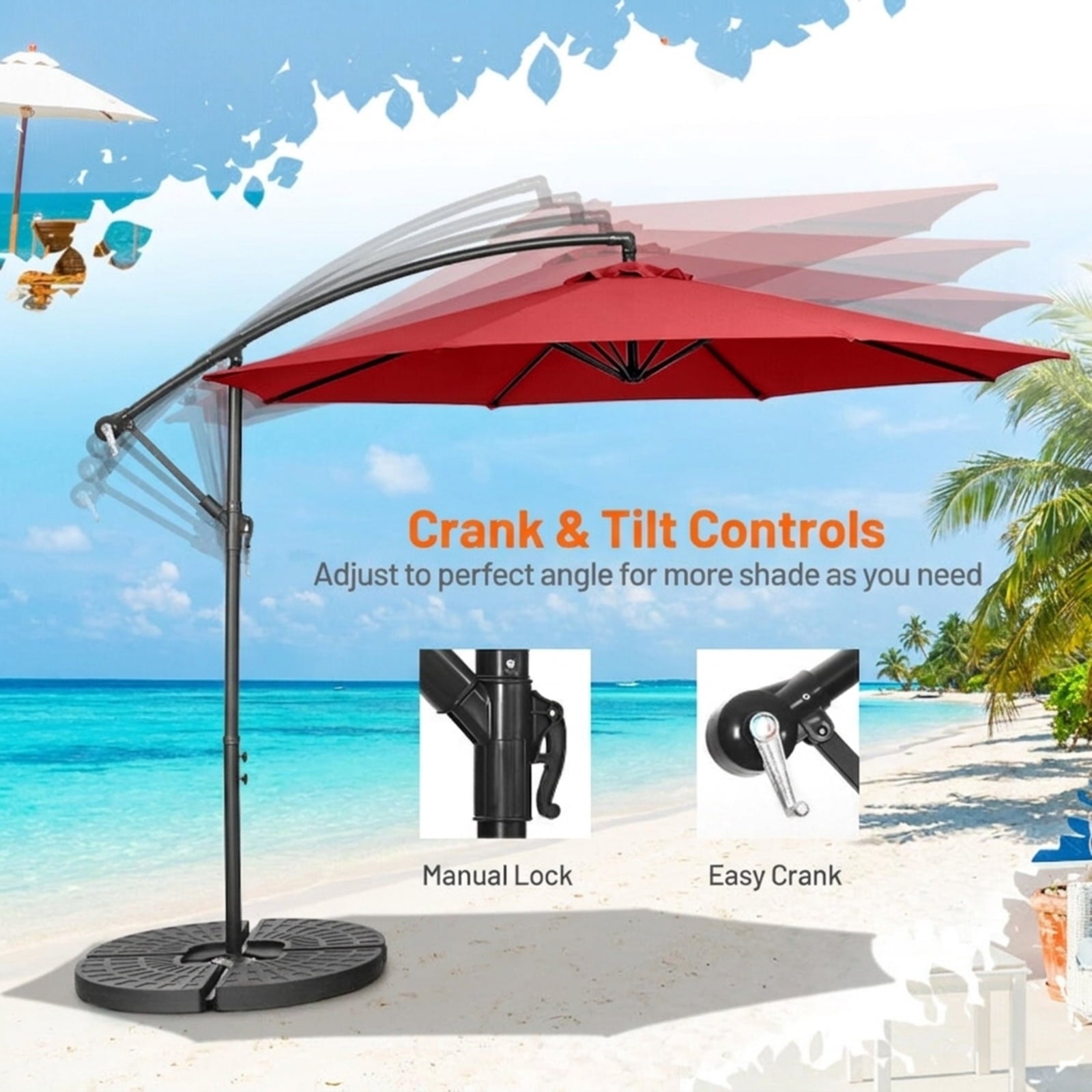 Biotree 10 FT Patio Umbrella, Offset Umbrella with 8 Ribs Cantilever and Cross Base for Patio Garden Backyard Pool, Red