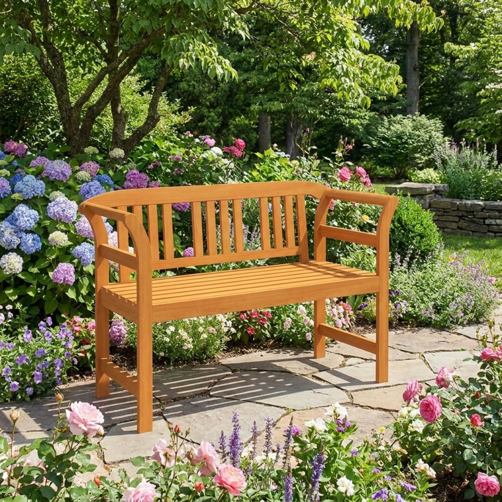 Biotree Acacia Wood 2-Person Patio Loveseat with Backrest and Armrests Stackable Patio Chair for Garden BackyardNatural