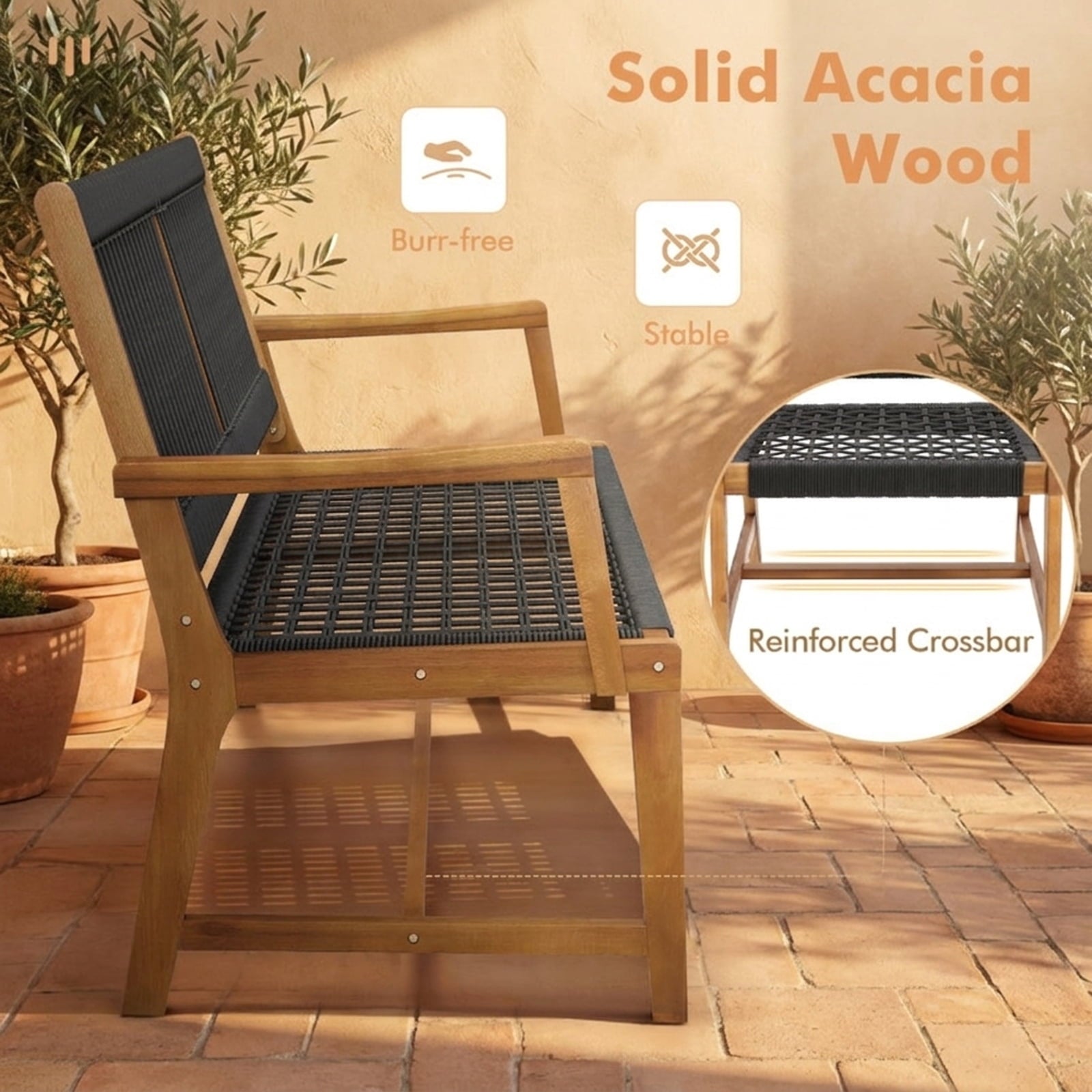 Biotree Set of 2 Patio Acacia Wood Dining Chairs with Armrests for Lawn Yard Stackable Patio Chair for Garden BackyardBlack and Natural
