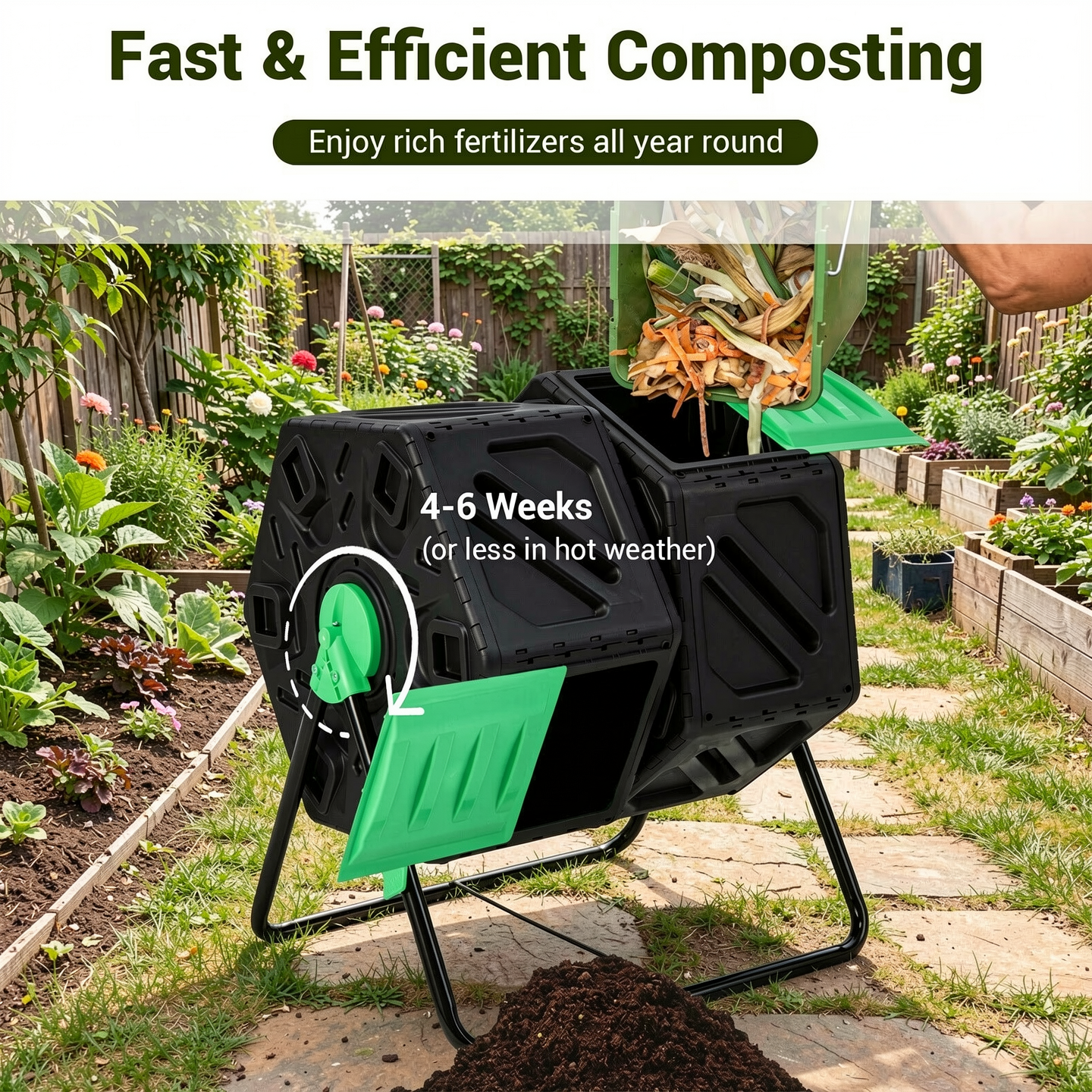 Biotree Dual Chamber Garden Compost Tumbler with Sliding Doors-Black and Green Outdoor Organic Yard Waste