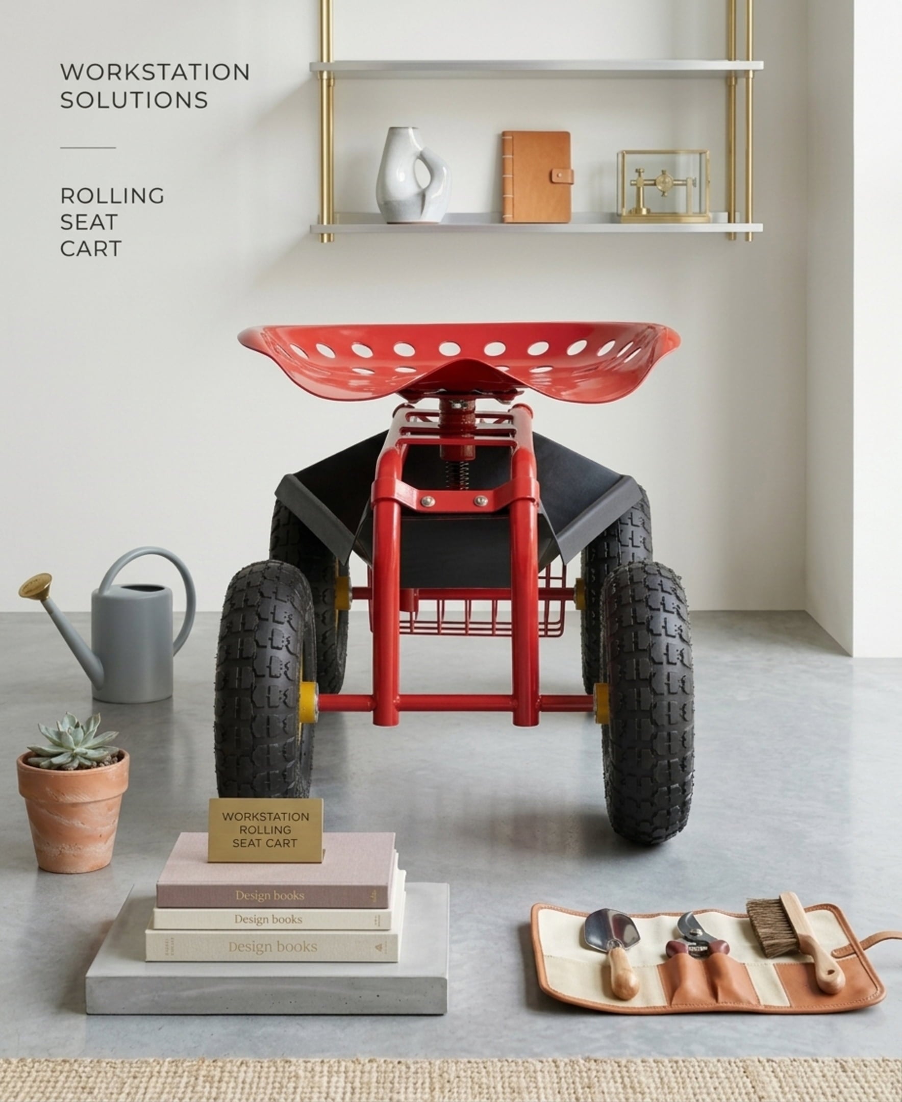 Biotree Rolling Garden Cart with Seat, 360¡ãSwivel Seat Adjustable Height,330lbs Load Capacity, Wagon Scooter with Storage Bracket and Tool Tray, Suitable for Patio Yard, Red
