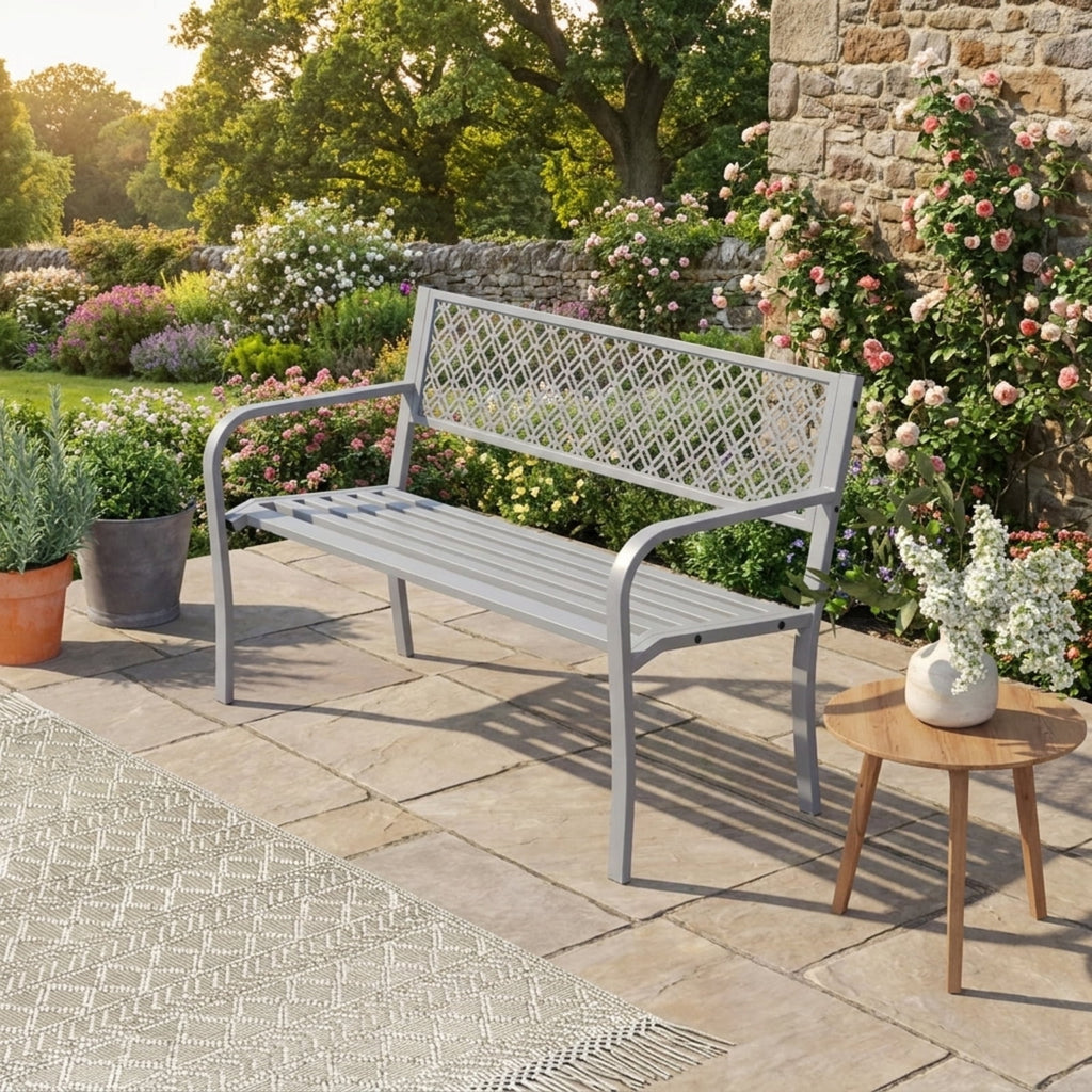 Biotree 50 Inches Outdoor Garden Bench with Geometric Lattice Backrest and Slatted Seat Stackable Patio Chair for Garden BackyardGray
