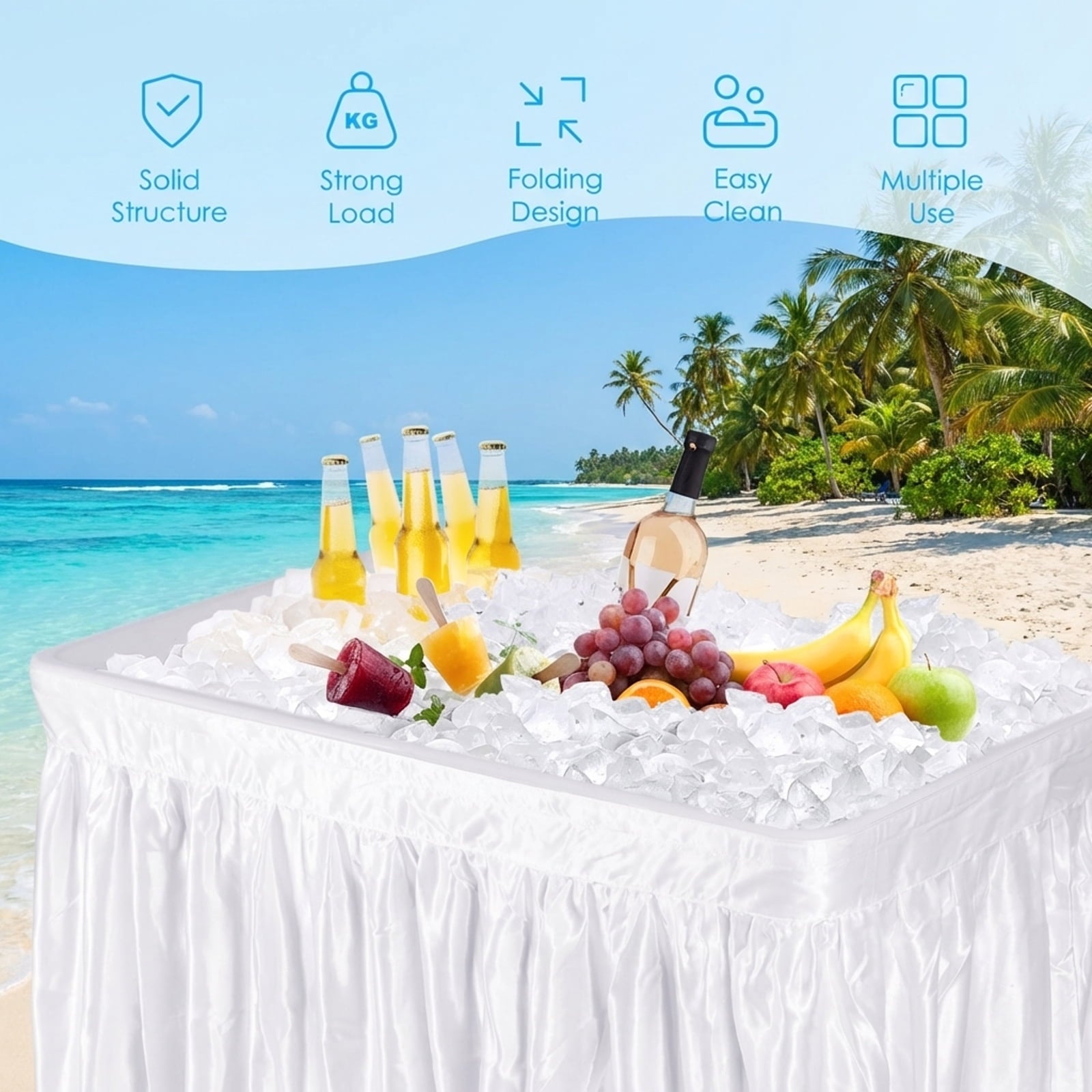 Biotree 4 Feet Plastic Party Ice Folding Ice Table with Matching Skirt, White