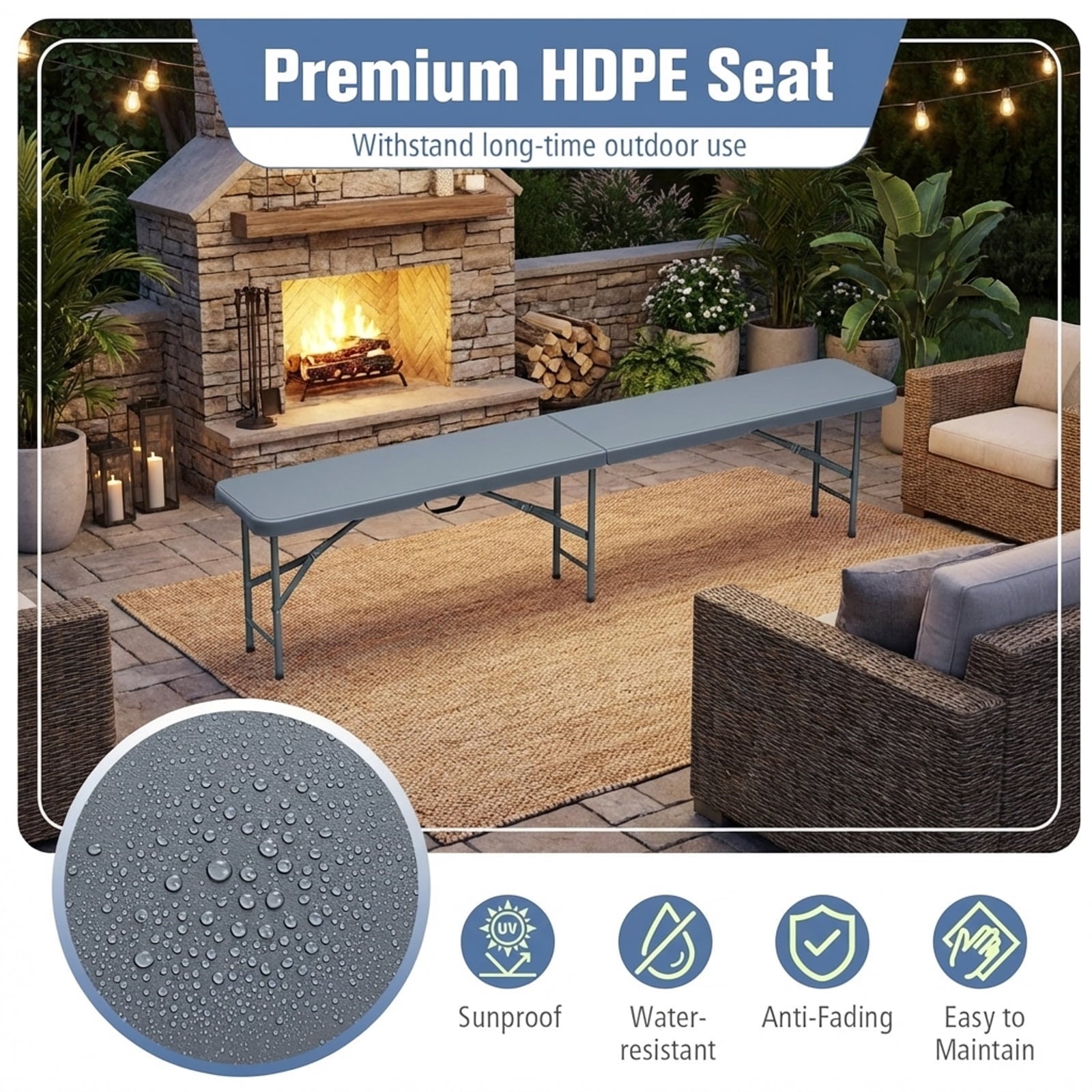 Biotree 6 Feet Plastic Folding Bench Portable Seat with Handle and Lock for Camping Picnic Party Events, Gray