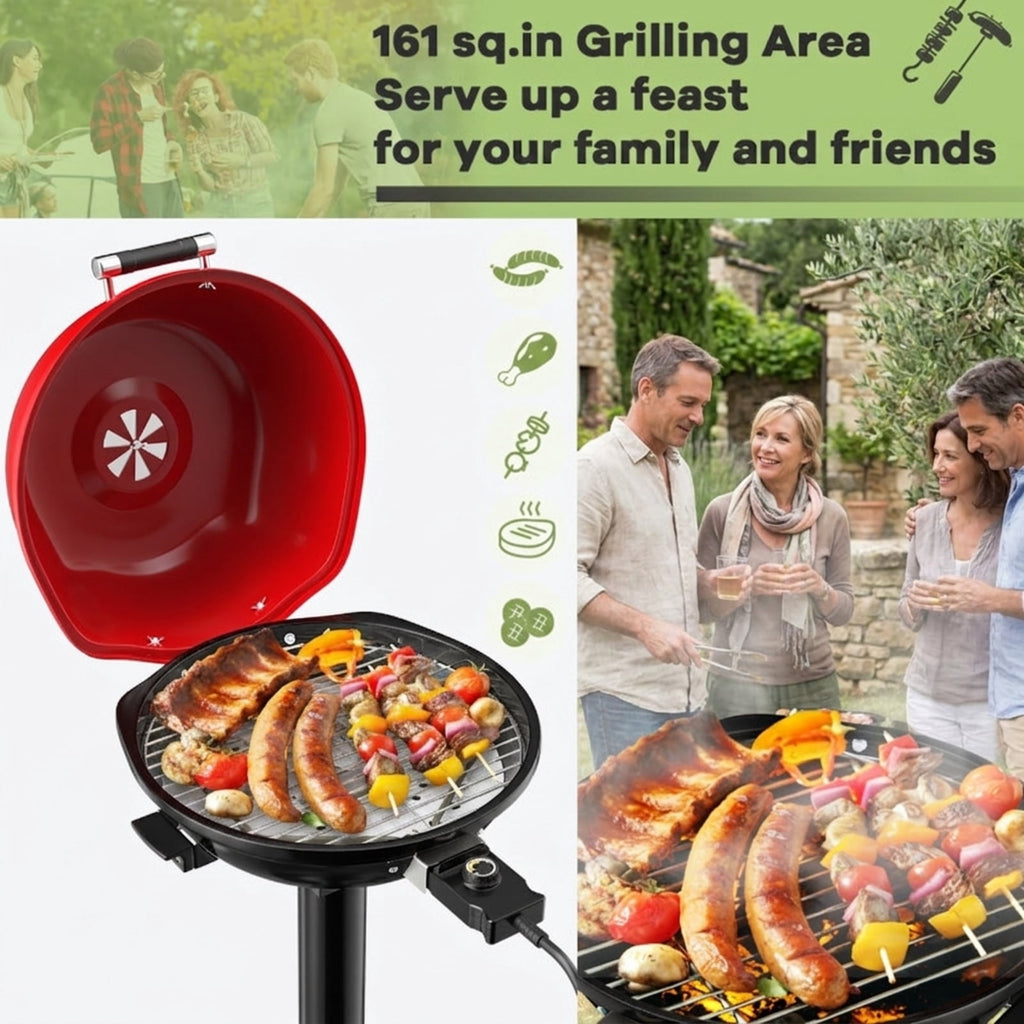 Biotree 1600W Portable Electric BBQ Grill with Temperature Control Grease Collector, Smokeless Tabletop BBQ Cooker for Backyard Patio Camping Red