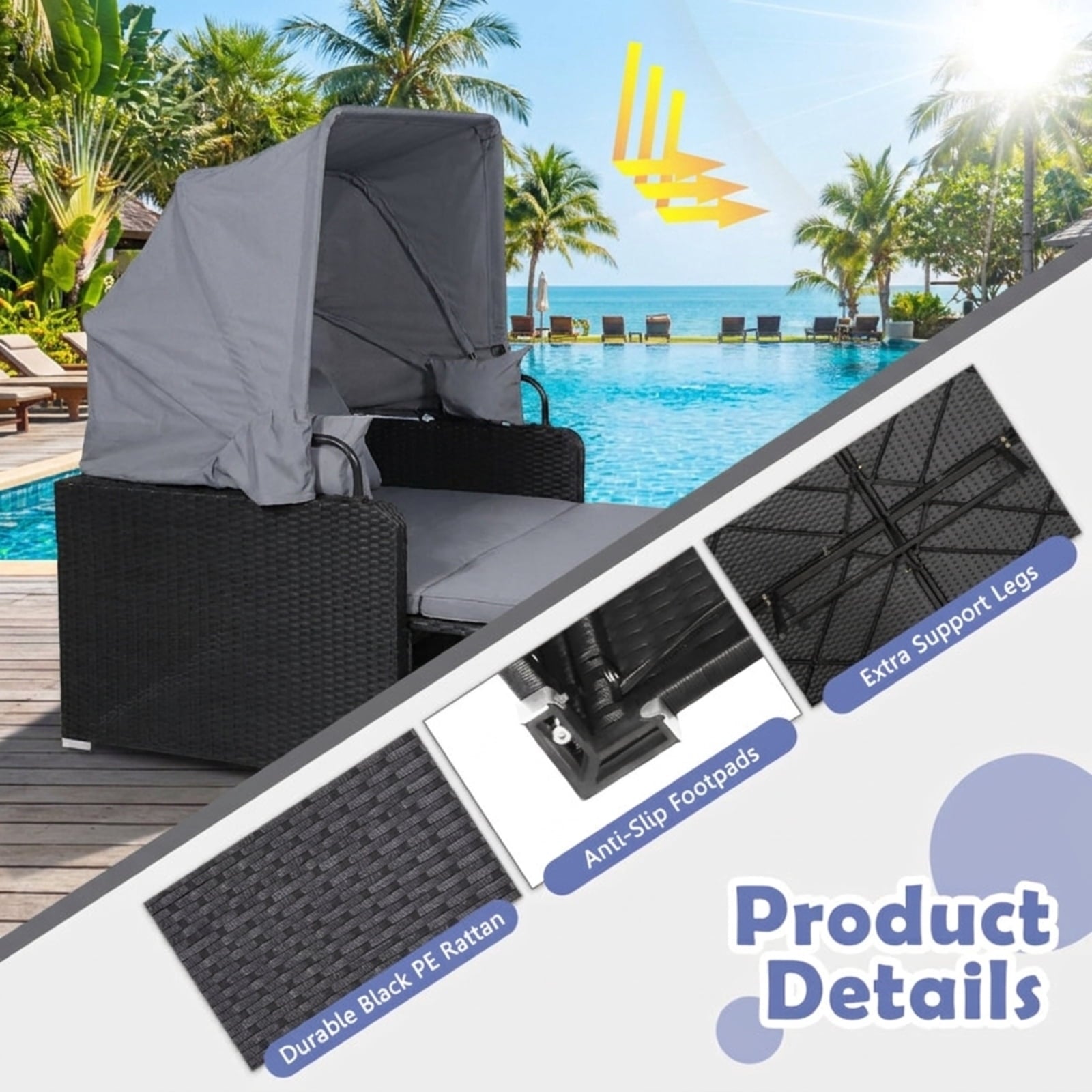 Biotree Patio Rattan Daybed with Retractable Canopy and Side Tables Outdoor Conversation Set for Garden Backyard PorchGray