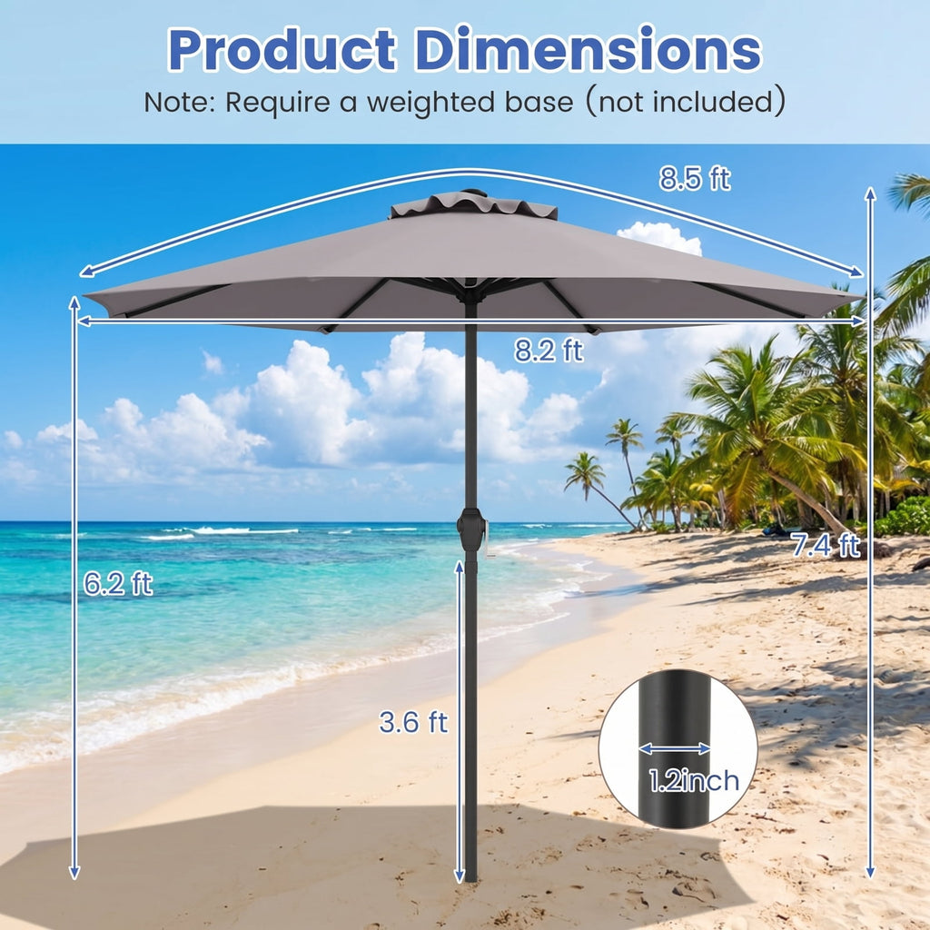 Biotree 8.5 ft Market Patio Umbrella with Crank and Tilt, 8 Sturdy Ribs, Vented Canopy - Gray for Backyard