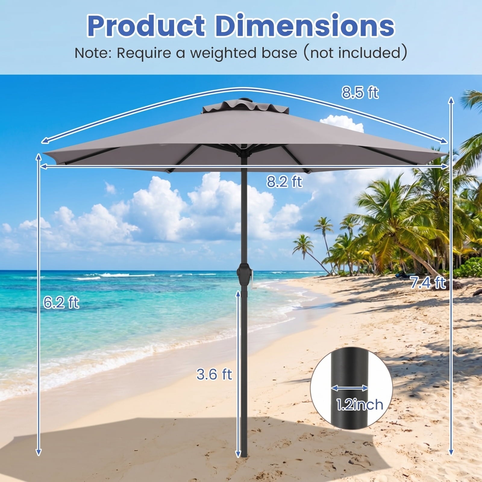 Biotree 8.5 ft Market Patio Umbrella with Crank and Tilt, 8 Sturdy Ribs, Vented Canopy - Gray for Backyard