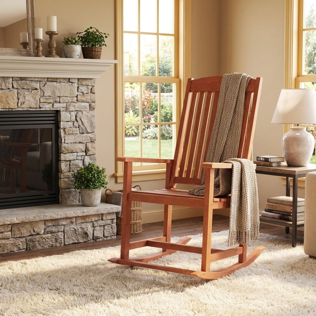 Biotree Outdoor Rocking Chair Solid Wood High Back Rocker with Slatted Seat Stackable Patio Chair for Garden BackyardNatural