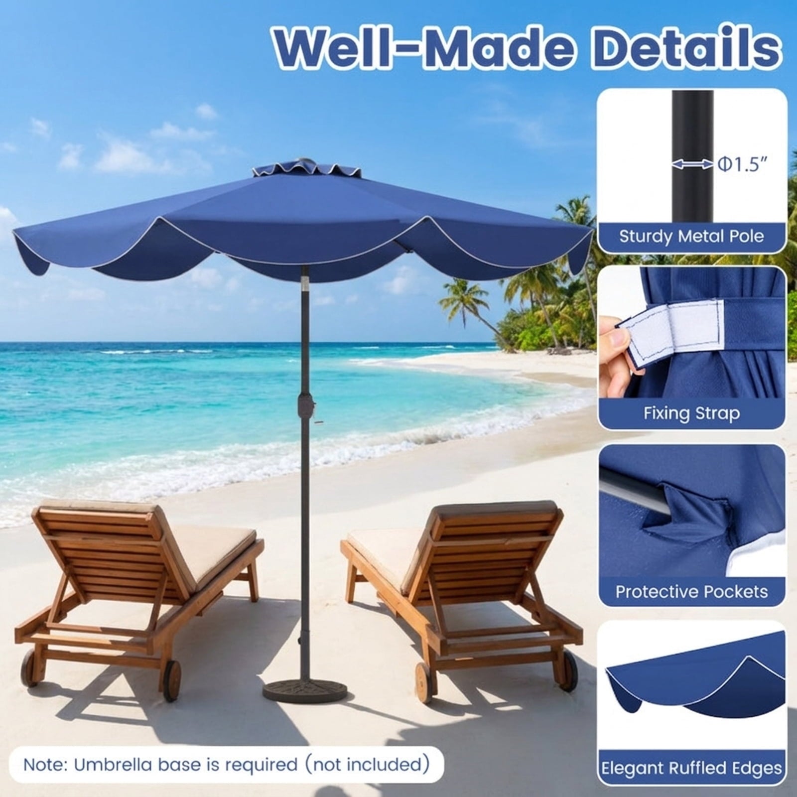 Biotree 9 ft Market Patio Umbrella with Crank and Tilt, 8 Sturdy Ribs, Vented Canopy - Navy Blue for Backyard