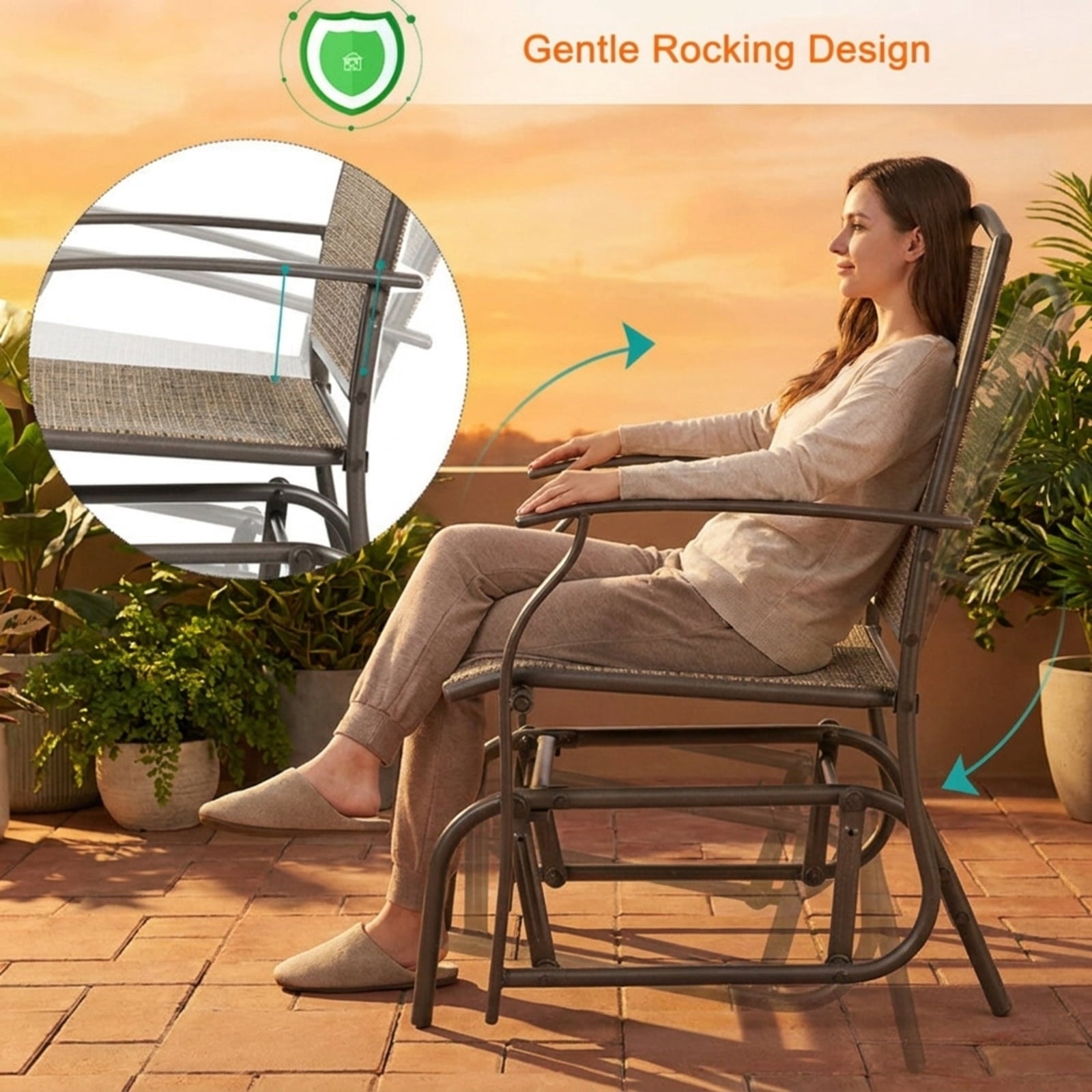 Biotree 2 Pieces Patio Swing Single Glider Chair Rocking Seating Stackable Patio Chair for Garden BackyardBrown