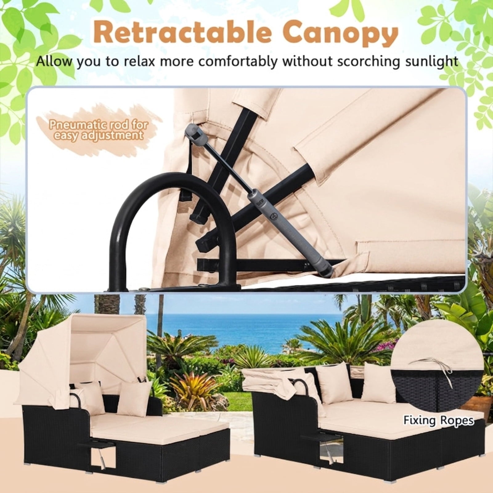 Biotree Patio Rattan Daybed with Retractable Canopy and Side Tables Outdoor Conversation Set for Garden Backyard PorchBeige