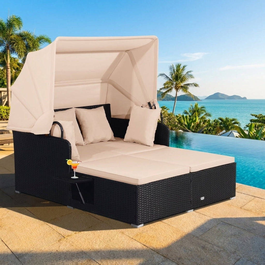 Biotree Patio Rattan Daybed with Retractable Canopy and Side Tables Outdoor Conversation Set for Garden Backyard PorchBeige