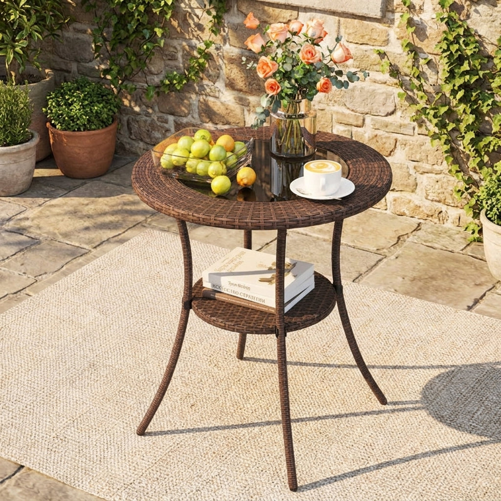 Biotree 25.5-Inch PE Wicker Patio Bistro Table Round with Tempered Glass Top and Shelf, Black