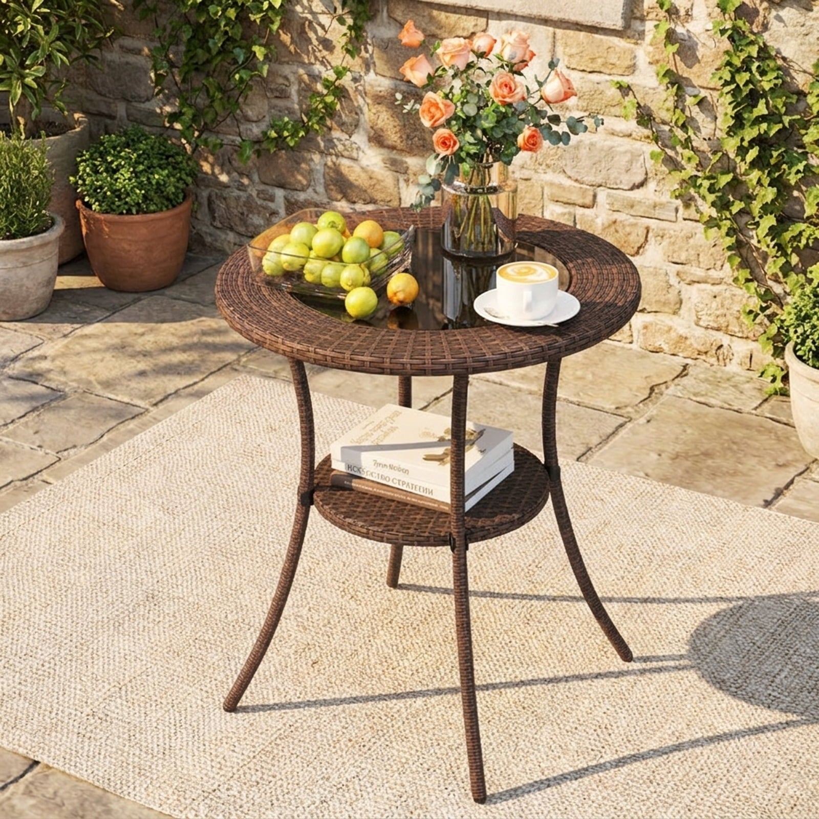 Biotree 25.5-Inch PE Wicker Patio Bistro Table Round with Tempered Glass Top and Shelf, Black