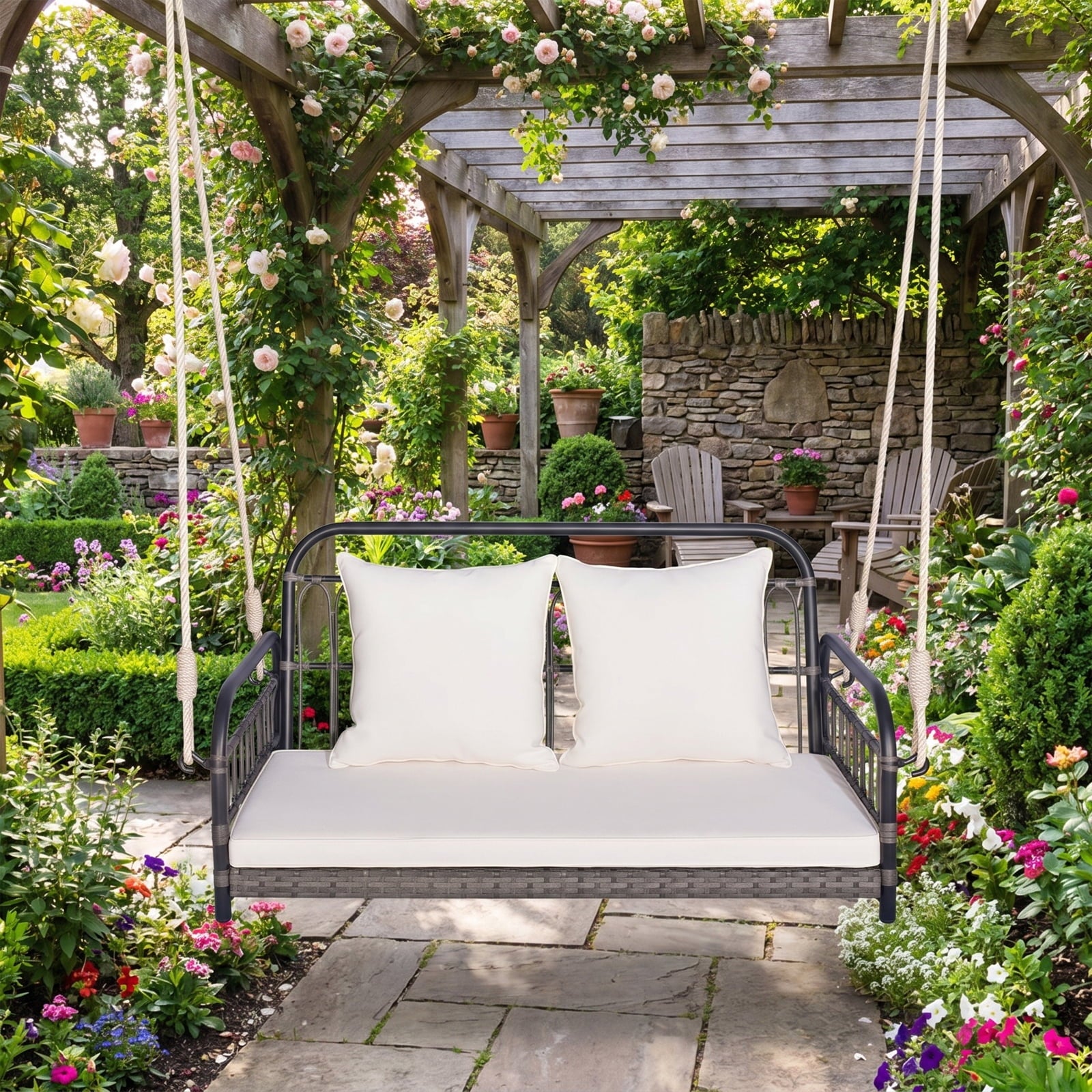 Biotree 2-Person Outdoor Hanging Chair with Ropes for Patio Porch Garden Backyard Outdoor, Gray
