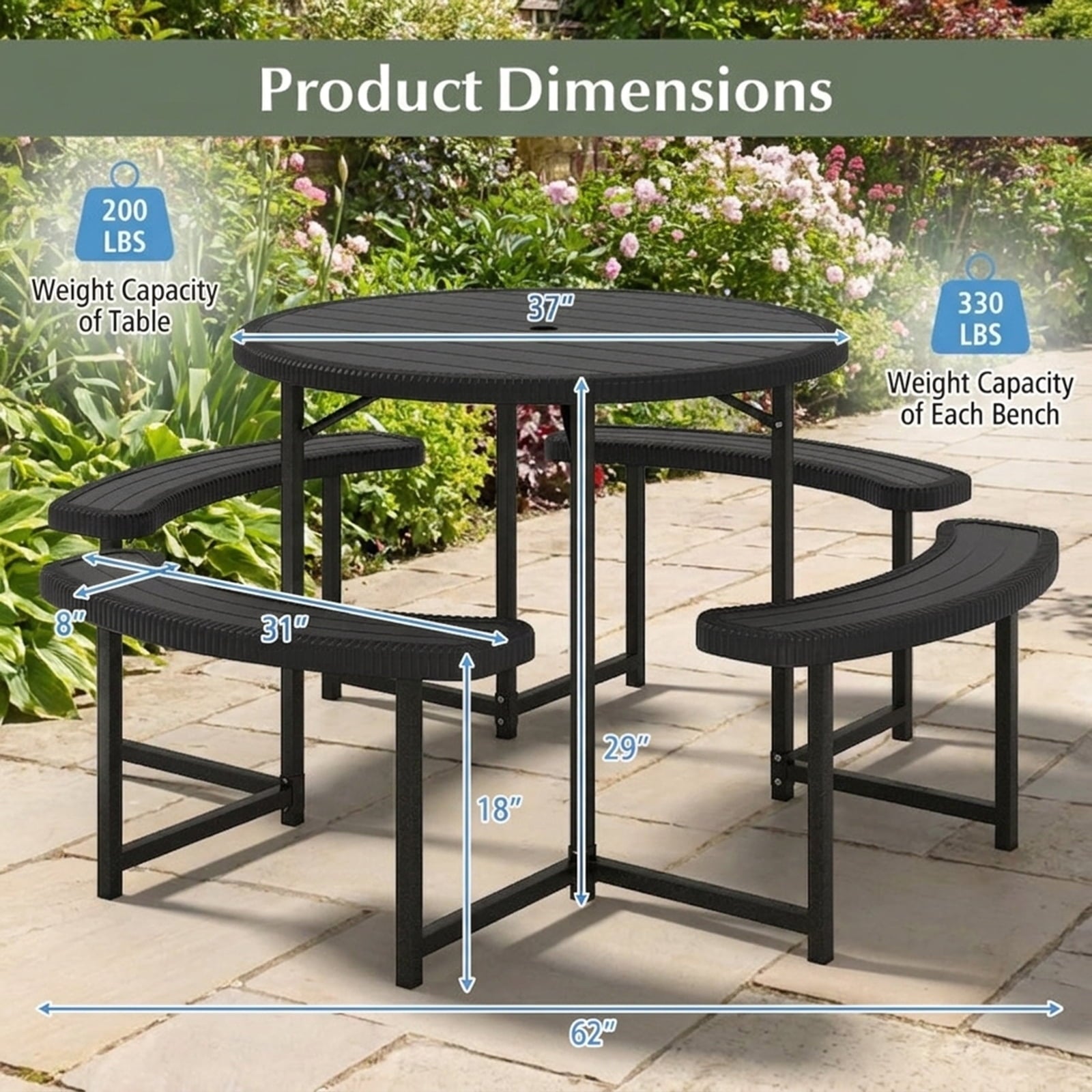 Biotree 62-Inch Round Picnic Table Bench Set with 4 Benches and Umbrella Hole for Patio Lawn, Black