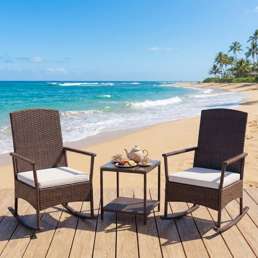 Biotree 3 Piece Patio Rocking Set Wicker Rocking Chairs with 2-Tier Coffee Table Outdoor Conversation Set for Garden Backyard PorchOff White