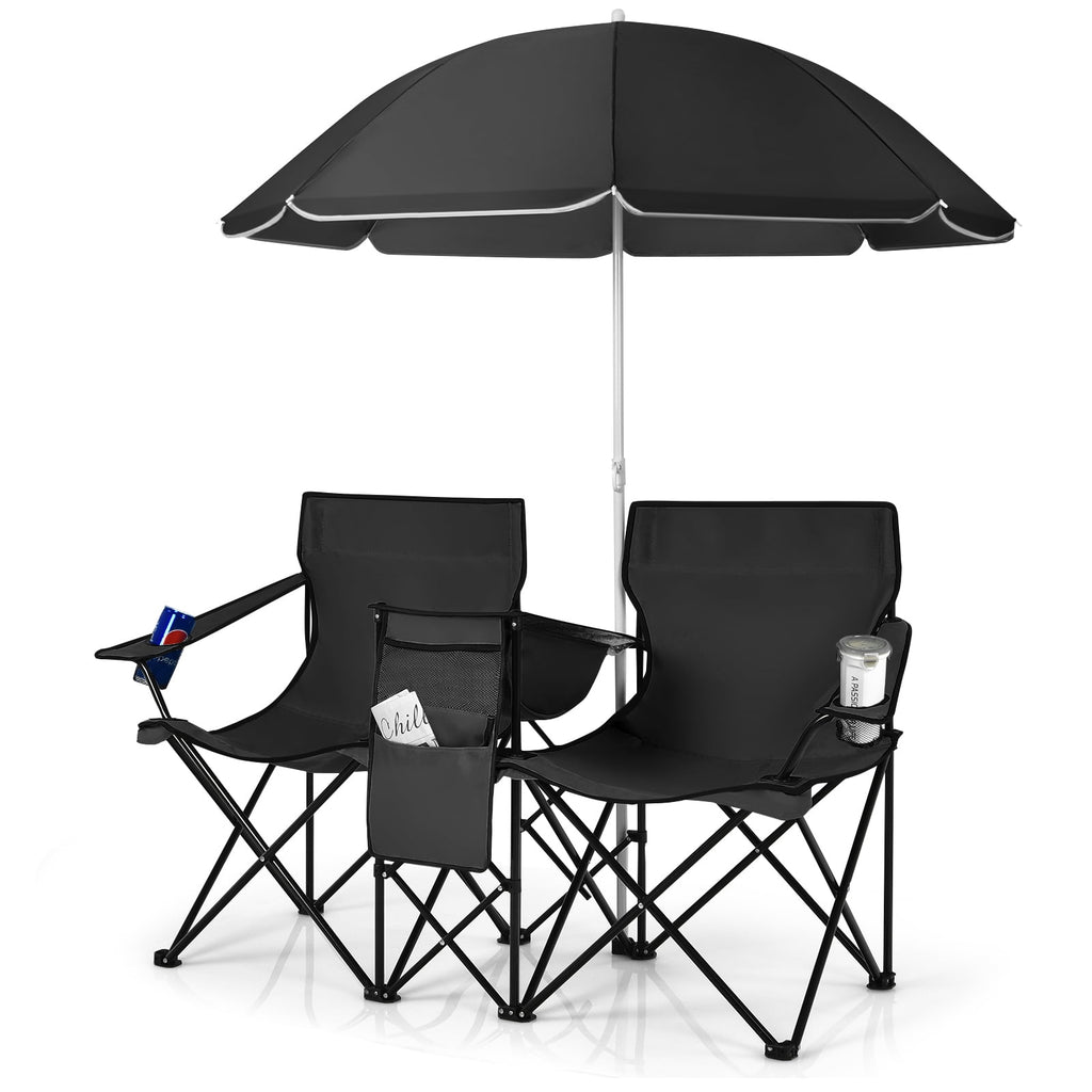 Biotree Double Camping Chair with Removable Umbrella Portable Folding Loveseat with Cooler Bag and Cup Holders for Beach Picnic, Black