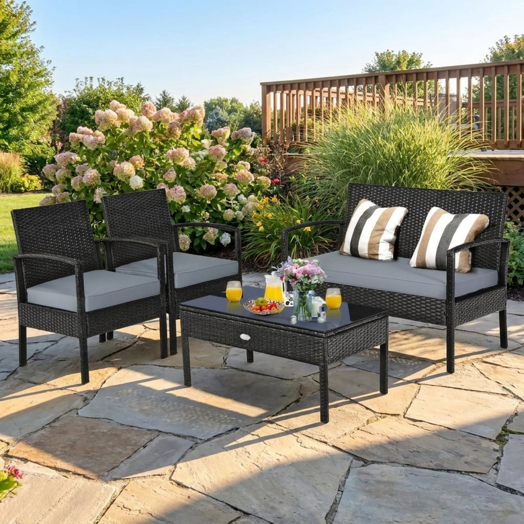 Biotree 4 Pieces Patio Rattan Cushioned Furniture Set Outdoor Conversation Set for Garden Backyard PorchGray