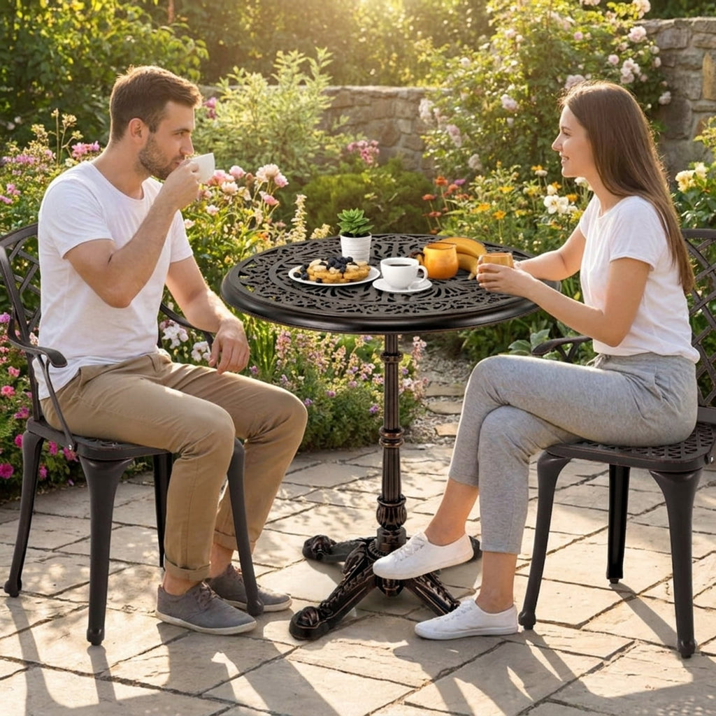 Biotree 27Inch Round Cast Aluminum Patio Bistro Table with Hollow Top, Walnut