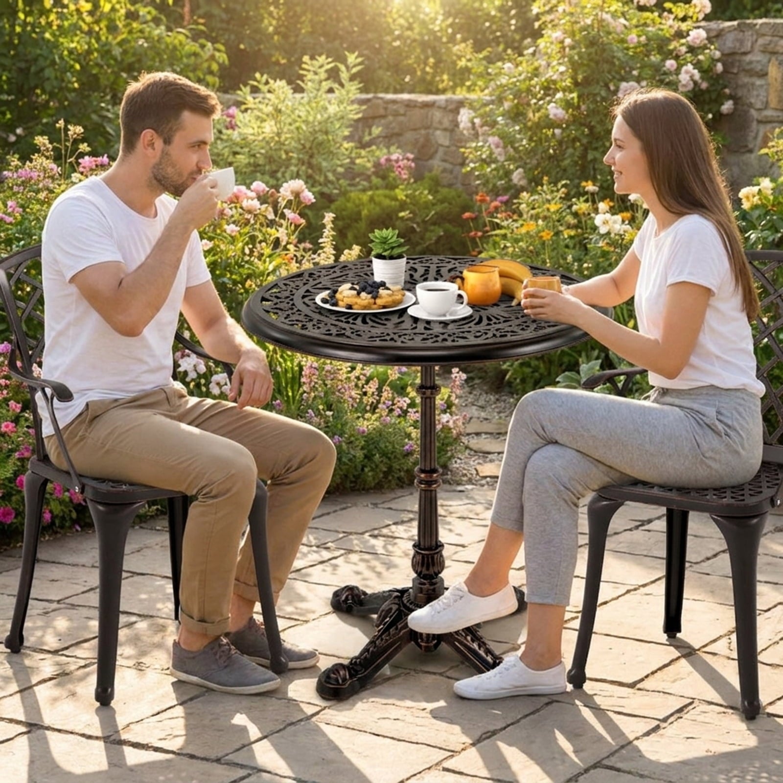 Biotree 27Inch Round Cast Aluminum Patio Bistro Table with Hollow Top, Walnut