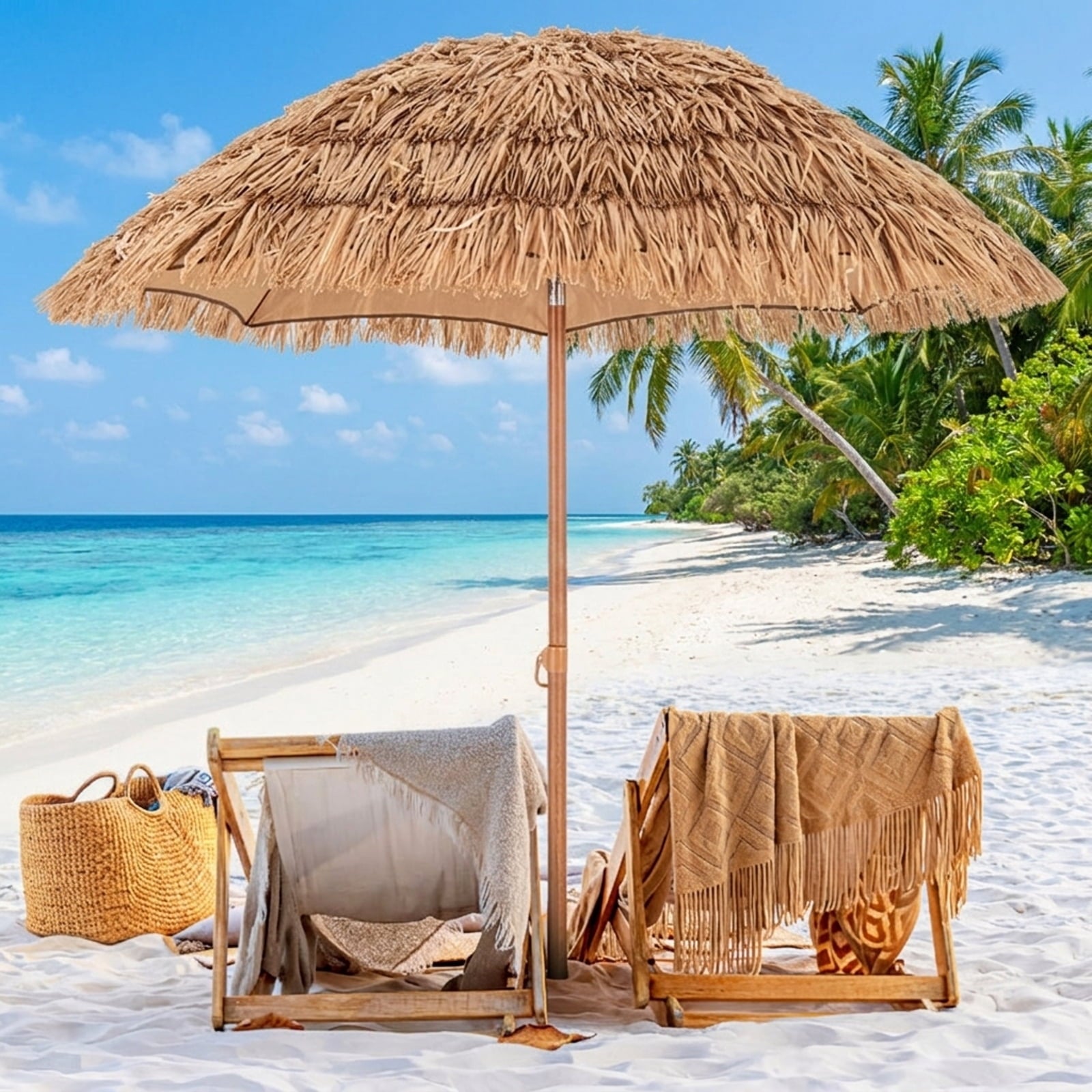 Biotree 6 ft Thatched Tiki Patio Umbrella Crank Tilt Outdoor Shade - Natural - UV Protection with Cross Base