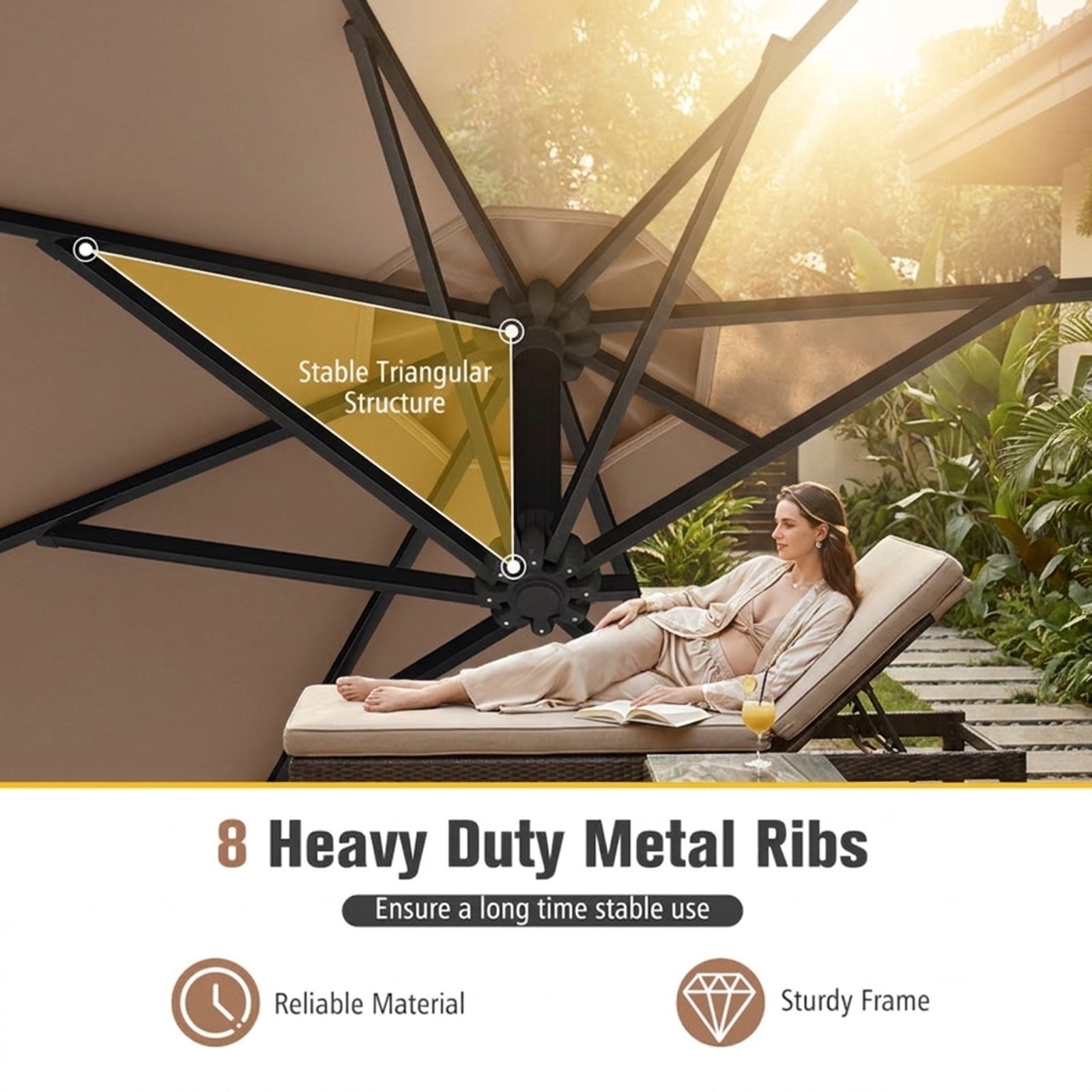 Biotree 10 ft Cantilever Patio Umbrella Offset Hanging with Cross Base, 8 Ribs - Beige for Backyard Garden Poolside