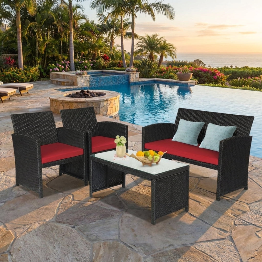Biotree 4 Pieces Rattan Patio Furniture Set with Weather Resistant Cushions and Tempered Glass Tabletop